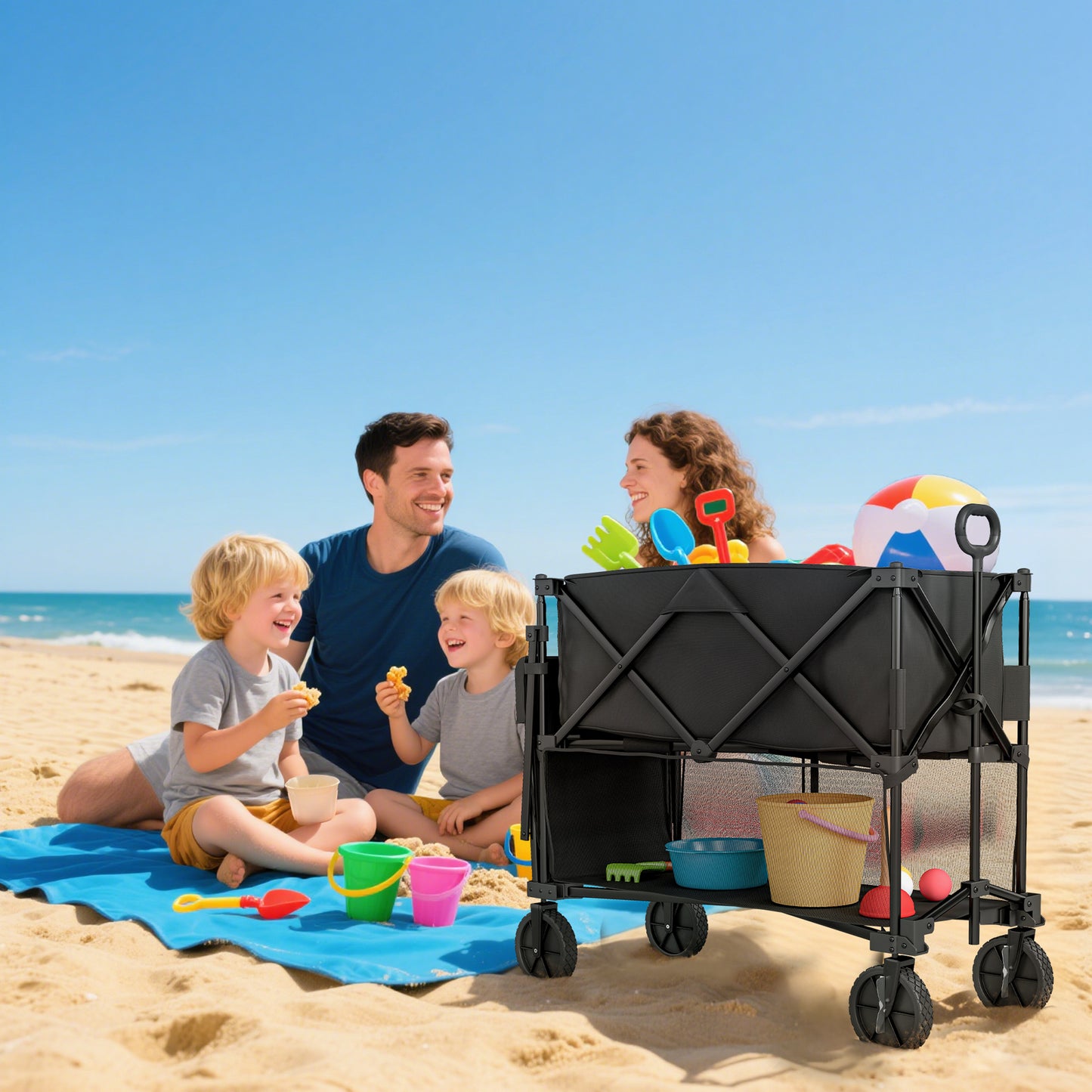 Outsunny Double Decker Folding Festival Trolley on Wheels, 200KG & 350L Capacity Collapsible Wagon Festival Trolley Cart with 134cm Extended for Camping Sports Shopping Garden and Beach, Black