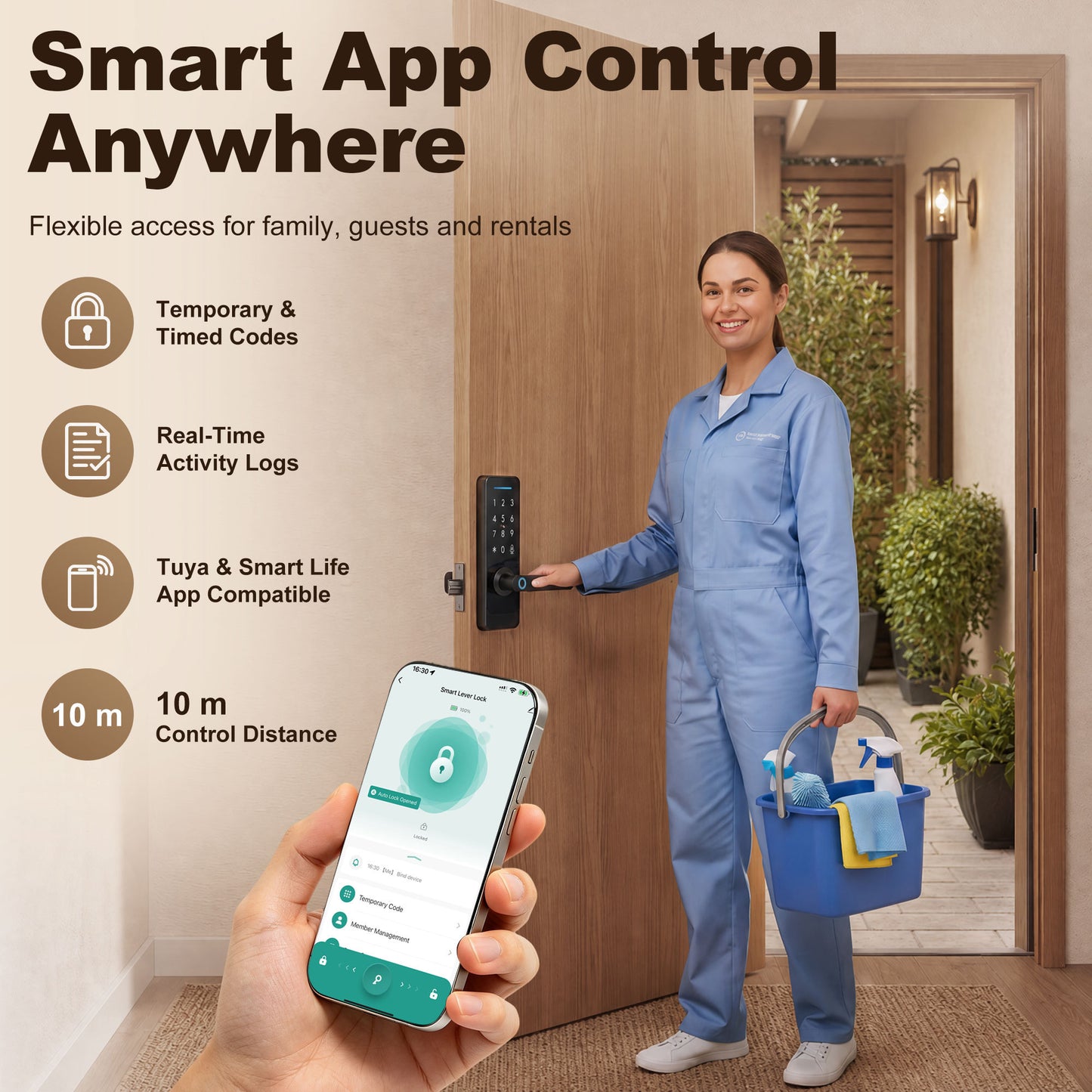 HOMCOM Smart Door Lock, 5-in-1 (Fingerprint/Passcode/Bluetooth APP/NFC Card/Key), Built-in Doorbell, Keyless Electronic Lock