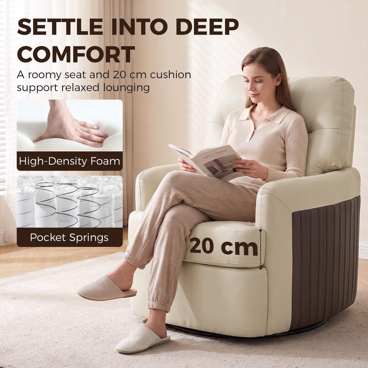 HOMCOM 360Â° Swivel Accent Chair, Modern Armchair with Thick Cushion, PU Leather Upholstered, Cream White