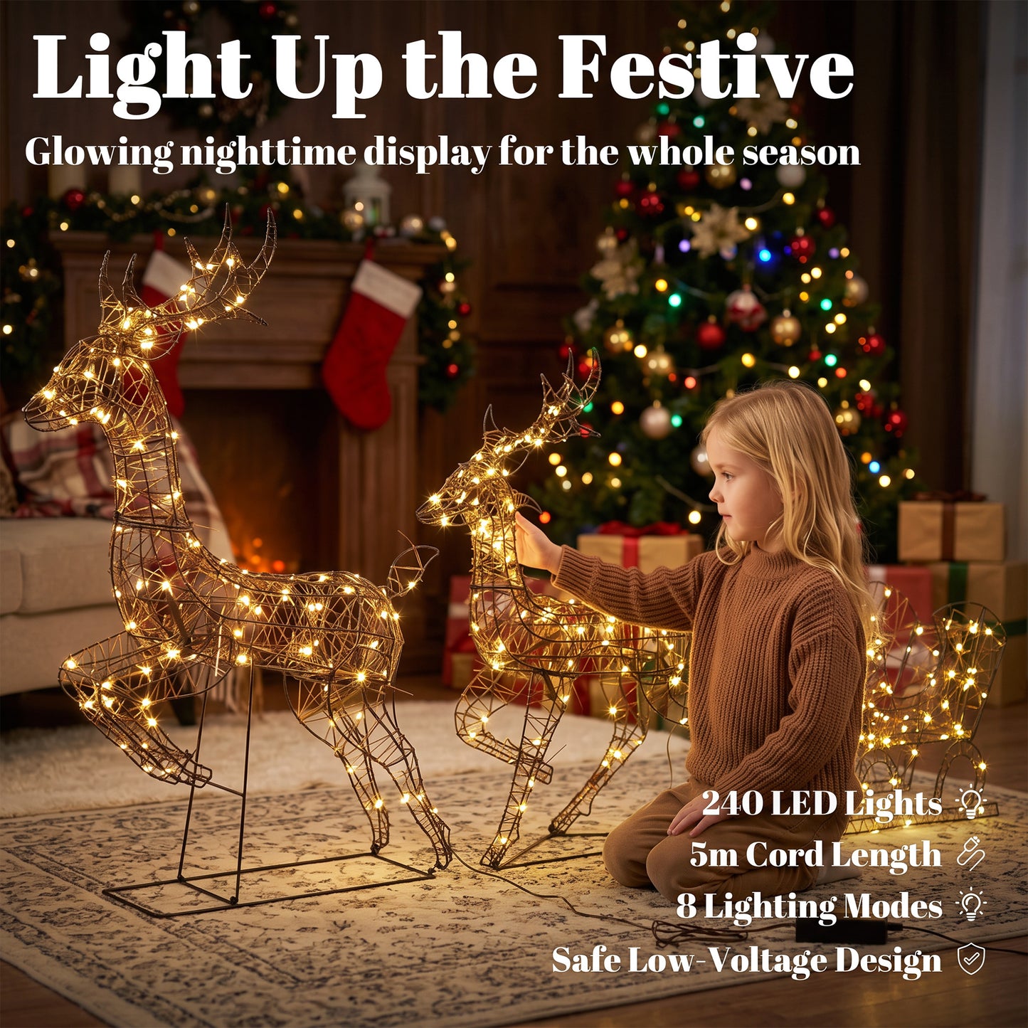 Outsunny 3-Piece Lighted Reindeer and Sleigh Set, PP Rattan Outdoor Christmas Decoration with LEDs, 8 Modes, Daily Timer