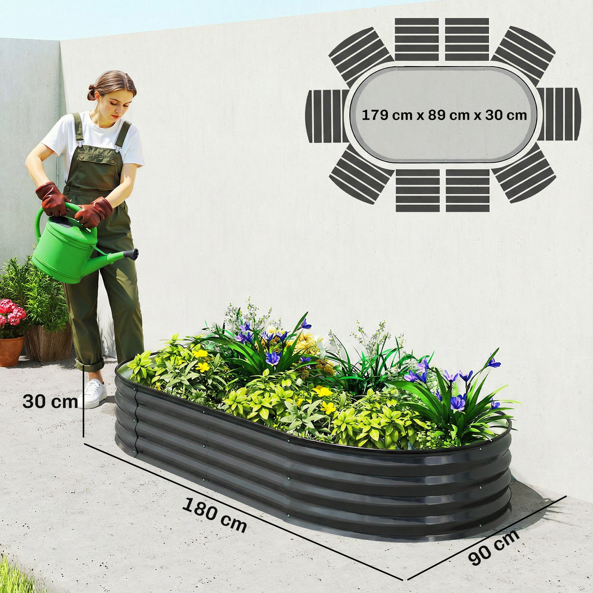 Outsunny Galvanised Raised Garden Bed, Metal Planter Box with Safety Edging, for Flowers, Herbs, Succulents, Dark Grey