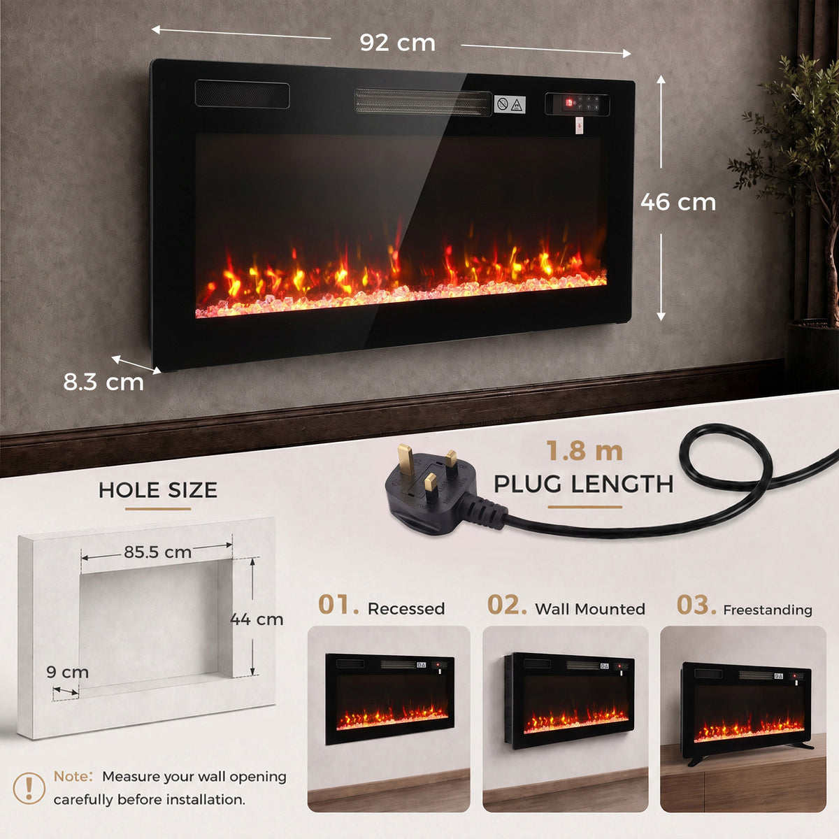 HOMCOM Ultra-Thin Electric Fire Wall Mounted/Recessed/Freestanding 92cm/36" Electric Fireplace with 12 Colours, 5 Brightness