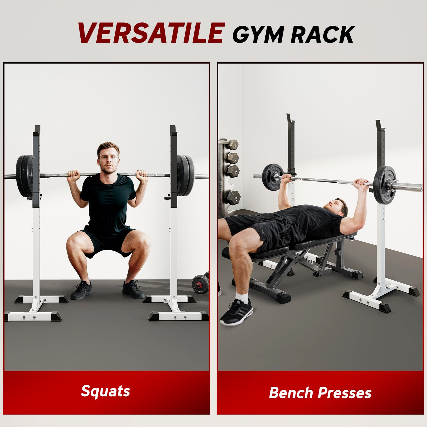 HOMCOM Heavy Duty Weight Bar Barbell Squat Stand Barbell Rack Spotter, for Home, Gym - Black