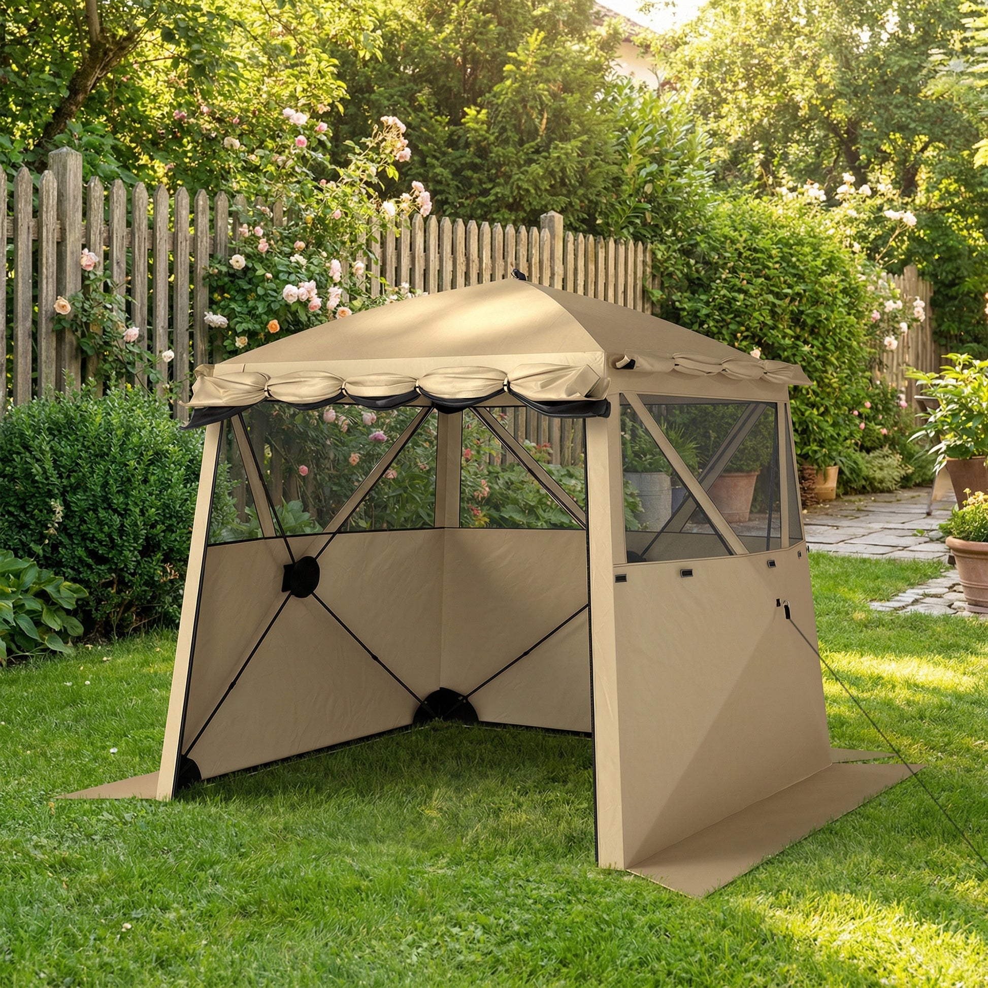 Outsunny Pop Up Gazebo Waterproof Instant Shelter with Awning Mesh Windows for Camping Patio 2 x 2 m, Khaki