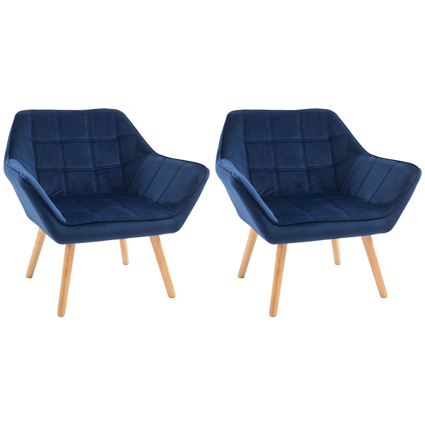 HOMCOM Accent Chair, Velvet Upholstered Vanity Tub Chair with Flared Armrests, Slanted Back, Solid Wood Legs, Comfy Padding Armchair, Home Bedroom Furniture Seating, Set of 2, Blue