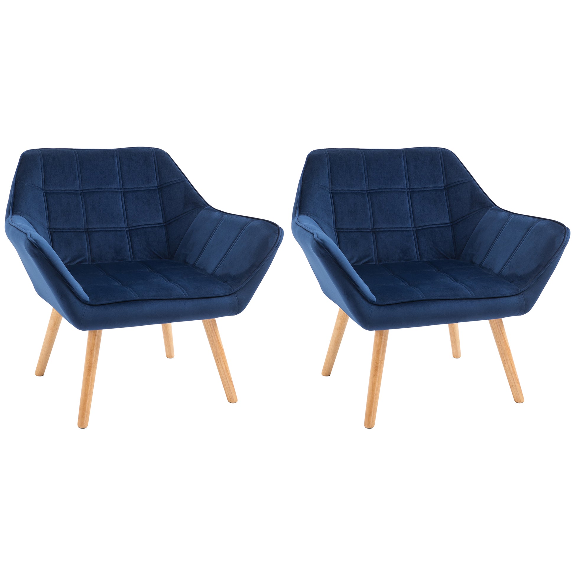 HOMCOM Accent Chair, Velvet Upholstered Vanity Tub Chair with Flared Armrests, Slanted Back, Solid Wood Legs, Comfy Padding Armchair, Home Bedroom Furniture Seating, Set of 2, Blue