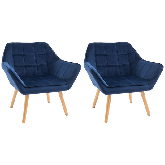 HOMCOM Accent Chair, Velvet Upholstered Vanity Tub Chair with Flared Armrests, Slanted Back, Solid Wood Legs, Comfy Padding Armchair, Home Bedroom Furniture Seating, Set of 2, Blue