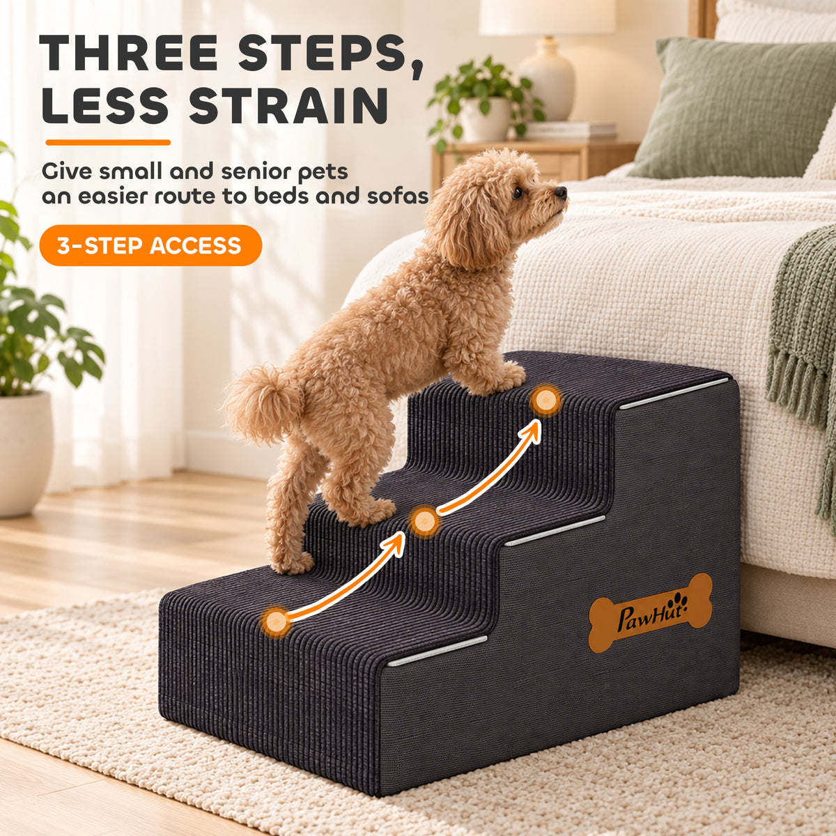 PawHut Dog Steps, 3-Step Dog Stairs for Bed and Sofa, Pet Stairs with Carry Handle, Washable Cover