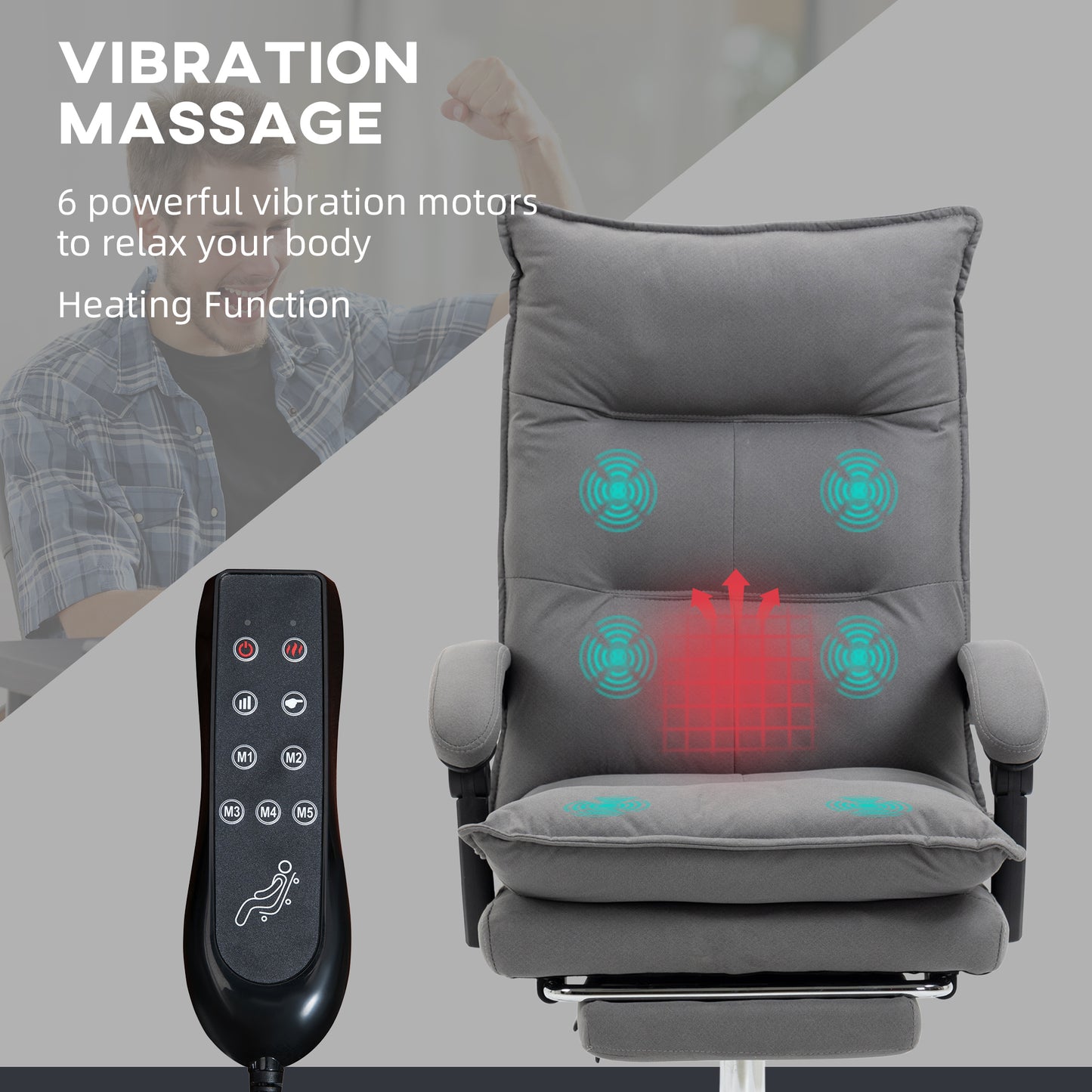 Vinsetto Massage Office Chair with Footrest, Desk Chair with 6 Point Massage and Heat, 155Â° Reclining Back for Home, Thick Padding, Grey