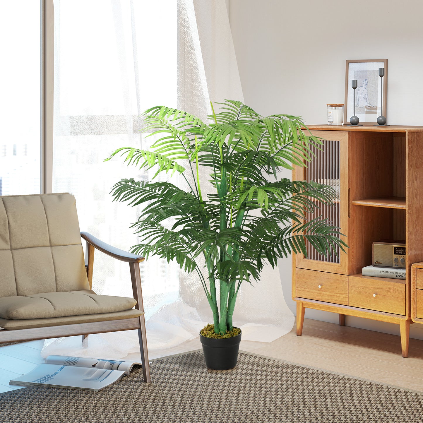 Outsunny 125cm/4FT Artificial Palm Plant Decorative Tree with Nursery Pot, Fake Plastic Indoor Outdoor Home Office DÃ©cor, Green