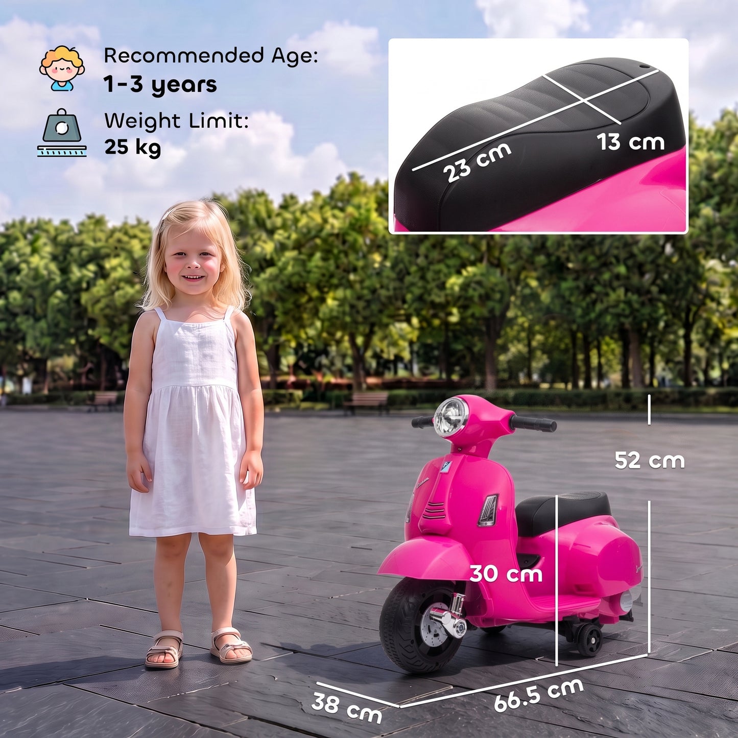 HOMCOM Vespa Licensed 6V Kids Electric Motorbike Ride On Motorcycle  Battery Powered for 18-36 Months with Horn, Pink