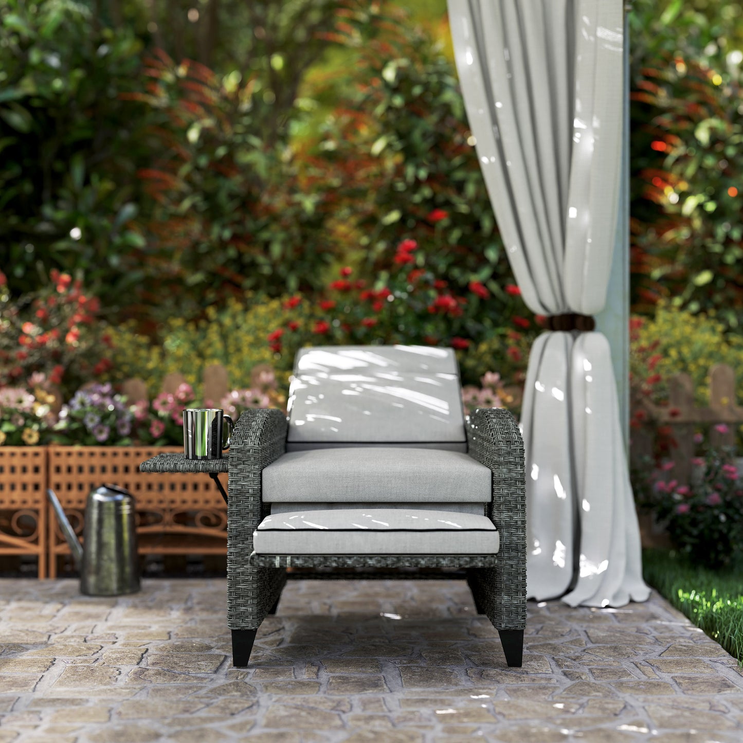 Outsunny Outdoor Recliner Chair with Adjustable Backrest and Footrest, Cushion, Side Tray, Light Grey/Grey