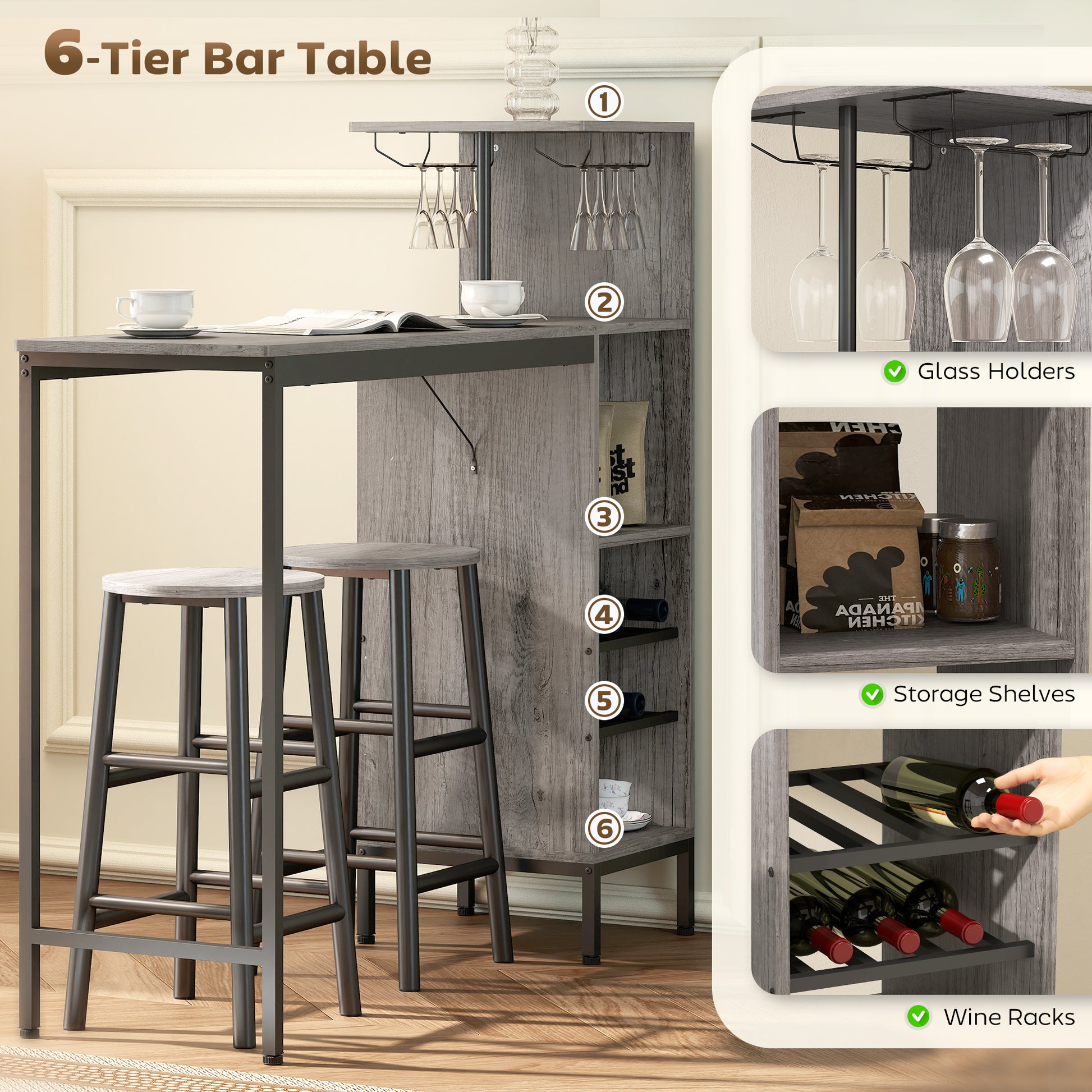 HOMCOM 3 Pieces Dining Room Set, 2 Round Stools with Footrest, 6-Tier Dining Table with Storage Shelves, Natural