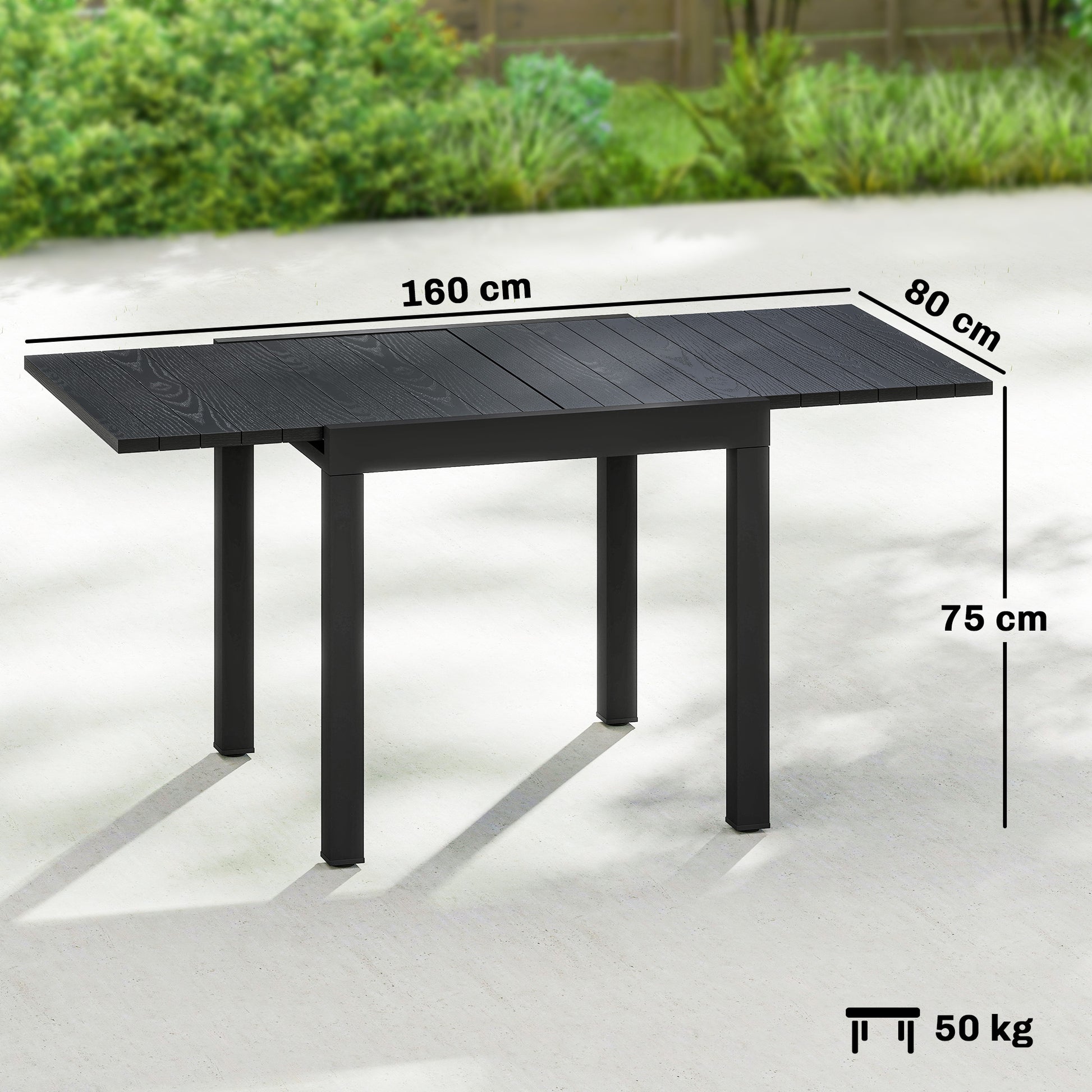 Outsunny Extending Garden Table for 4-6, Aluminium Outdoor Dining Table with Faux Wood Slatted Top, Black
