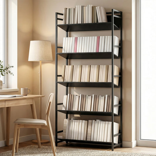 HOMCOM Bookshelf 5-Tier Metal Frame Bookcase Storage Shelves for Living Room Black