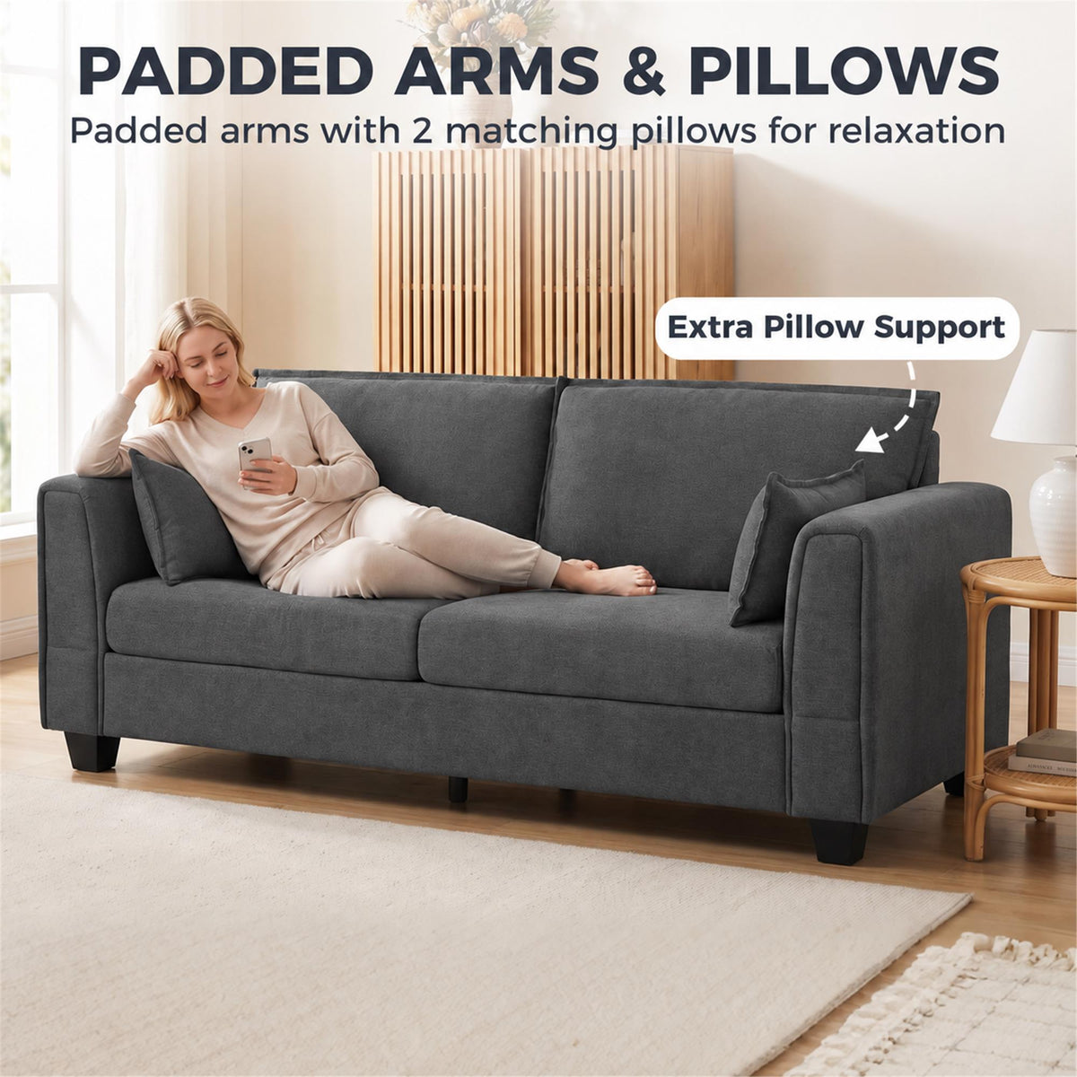 HOMCOM 3 Seater Sofa, Linen Upholstered Sofa Couch with Spring Cushions, Thick Padding, Wide Padded Armrests, Dark Grey