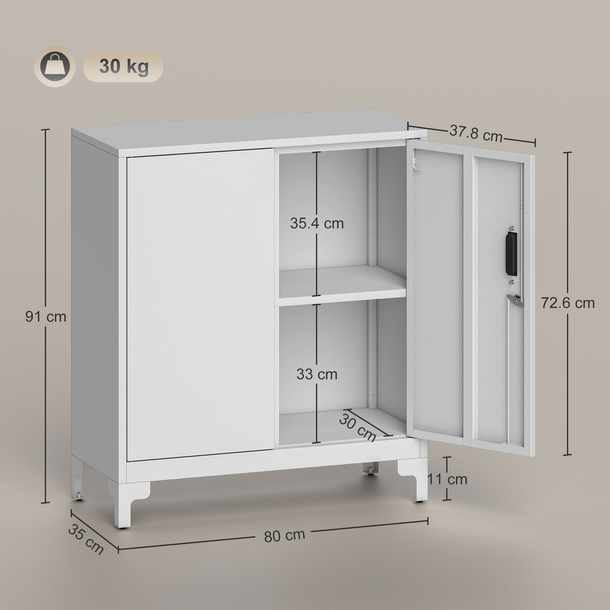HOMCOM Lockable Metal Filing Cabinet, 2-Tier Storage Cupboard with Double Doors, Modern Office Organiser, White