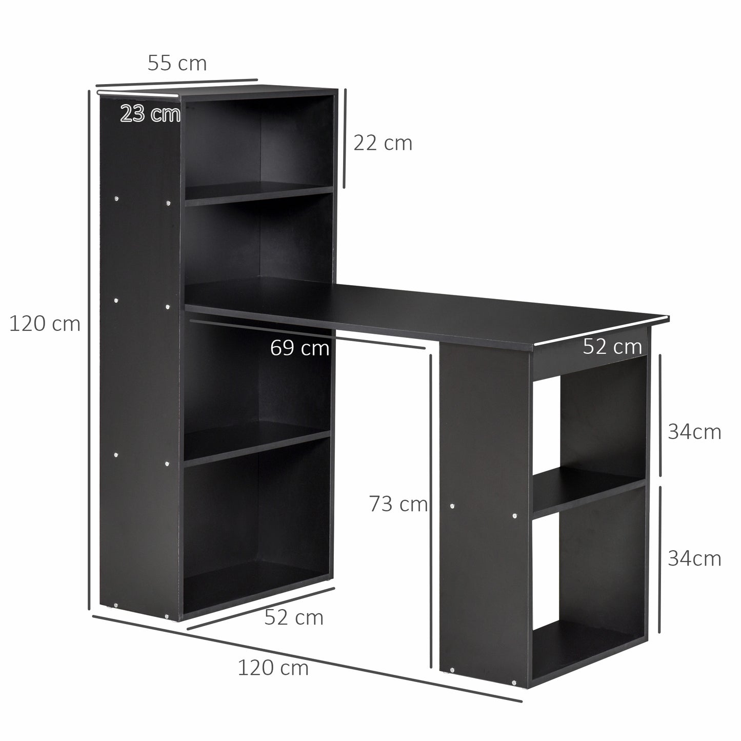 HOMCOM 120cm Computer Desk, Wooden PC Laptop Table with 6-Tier Storage Bookshelves, Home Office Working Study Desk, Writing Workstation, Black