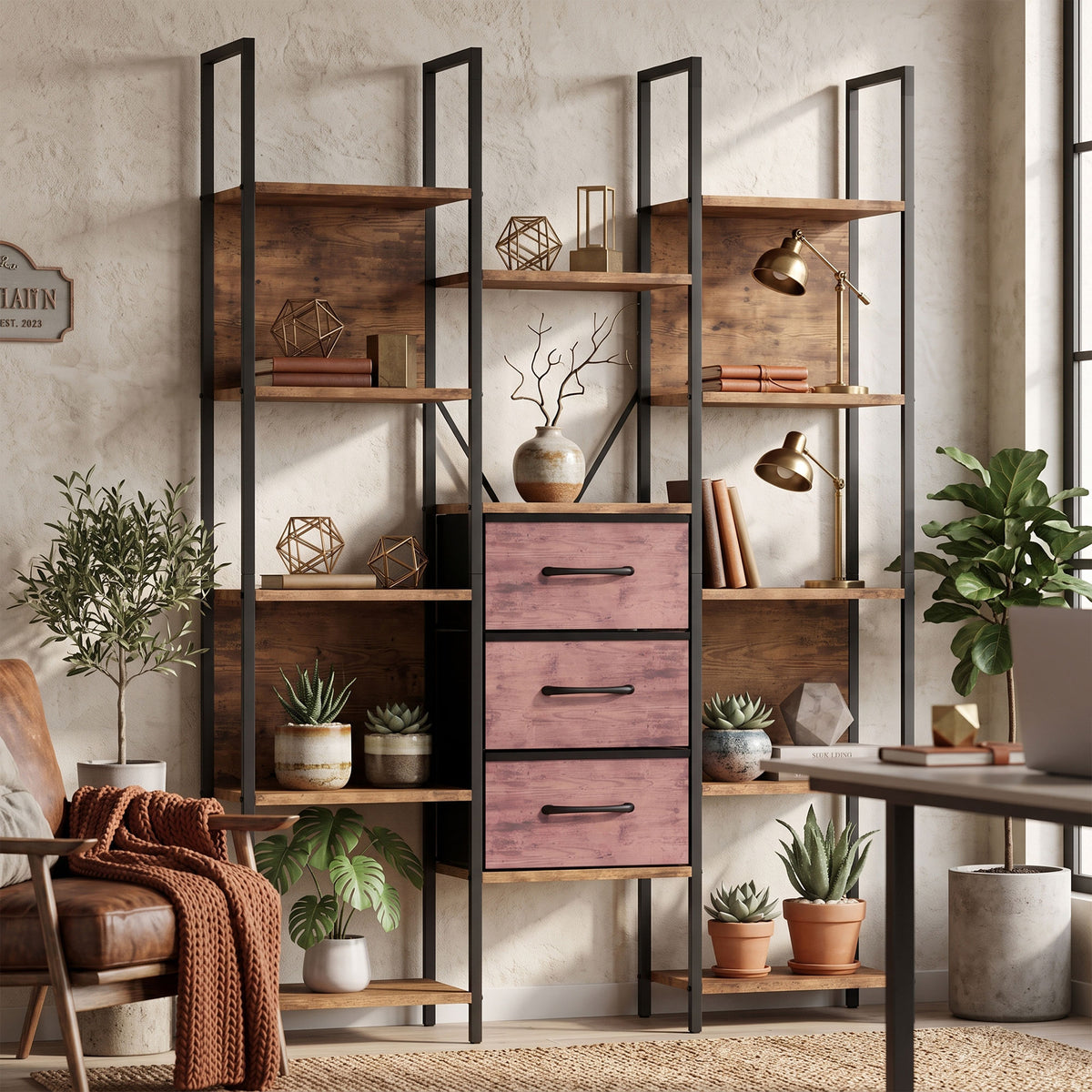 HOMCOM Bookshelf with Drawers Bookcase Open Shelves Storage Unit Study Bedroom Living Room Rustic Brown