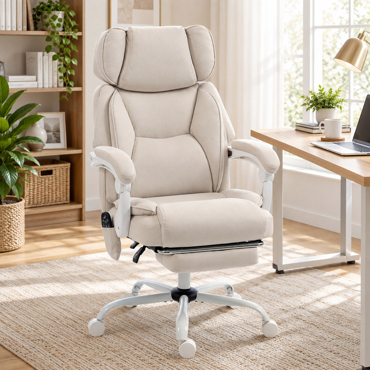 HOMCOM Office Chair with Massage, Heat, Adjustable Headrest, Leathaireâ€Œ Reclining Desk Chair with Footrest, Cream White