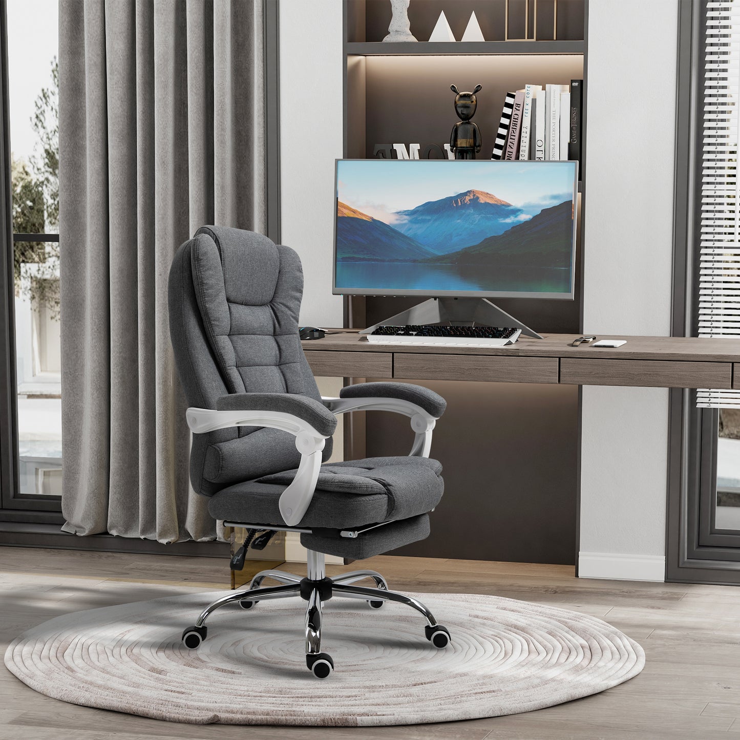 Vinsetto Office Chair, Computer Desk Chair, Linen Fabric Swivel Rolling Task Chair with Large Soft Padded Cushion, 135Â° Reclining Backrest and Retractable Footrest, Grey