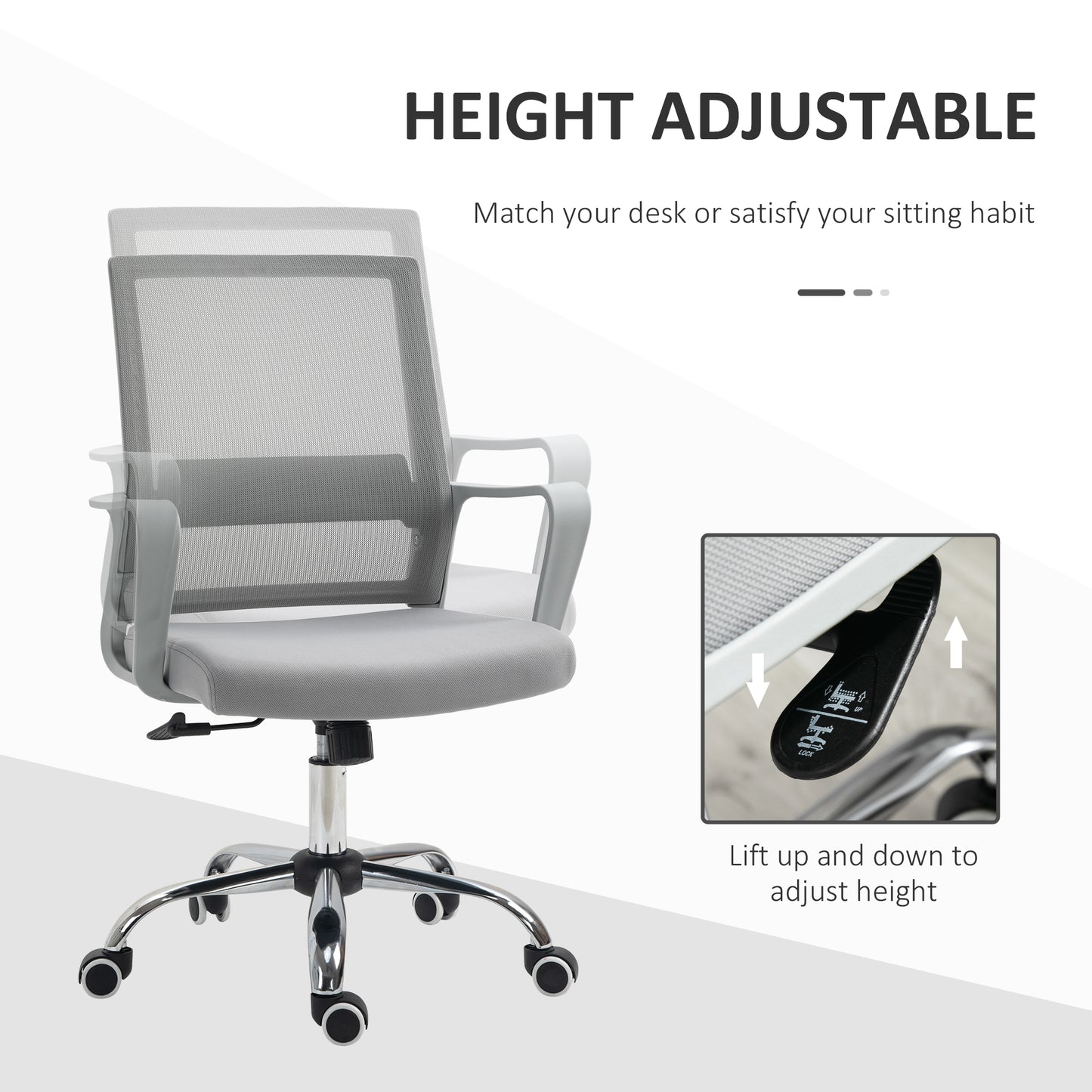 Vinsetto Ergonomic Desk Chair Mesh Office Chair with Adjustable Height Armrest and 360Â° Swivel Castor Wheels Grey