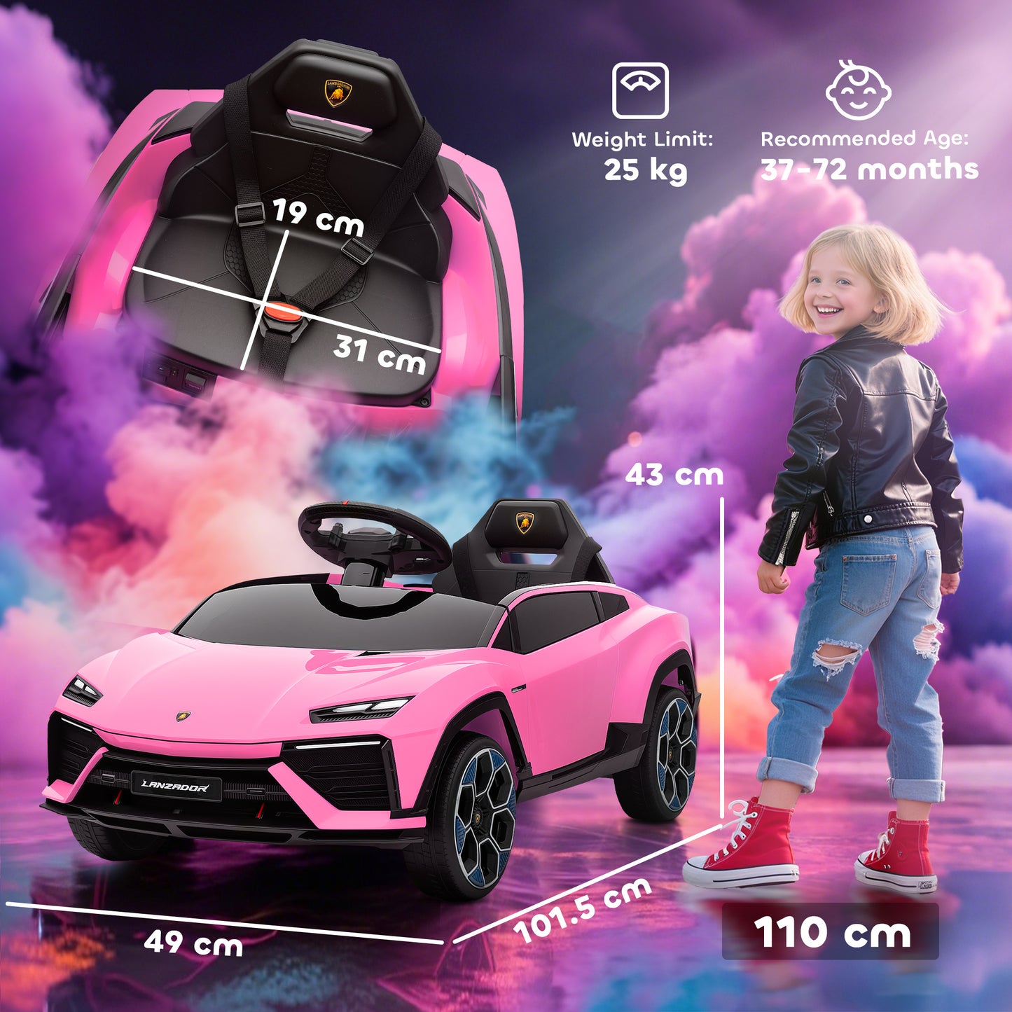 AIYAPLAY 12V Licensed Lamborghini Electric Cars for Kids, Ride On Car with Remote Control for 3-6 Years Old, Pink