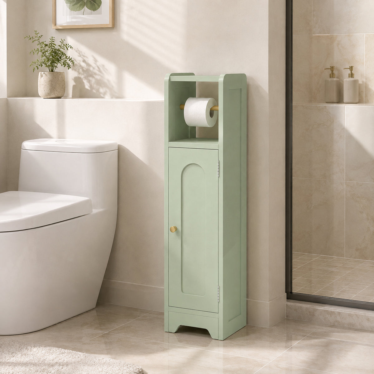 HOMCOM Small Bathroom Storage Cabinet with Toilet Roll Holder - Light Green