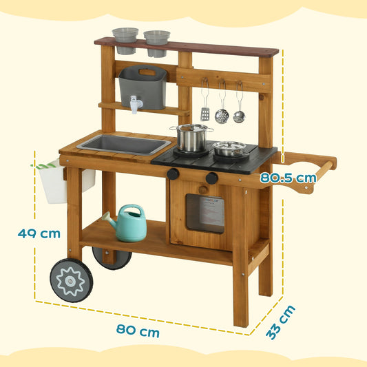 AIYAPLAY Wooden Mud Kitchen with Wheels, Stove, Faucet, Flower Pots, Stainless Steel Accessories for Toddlers 3-6, Brown