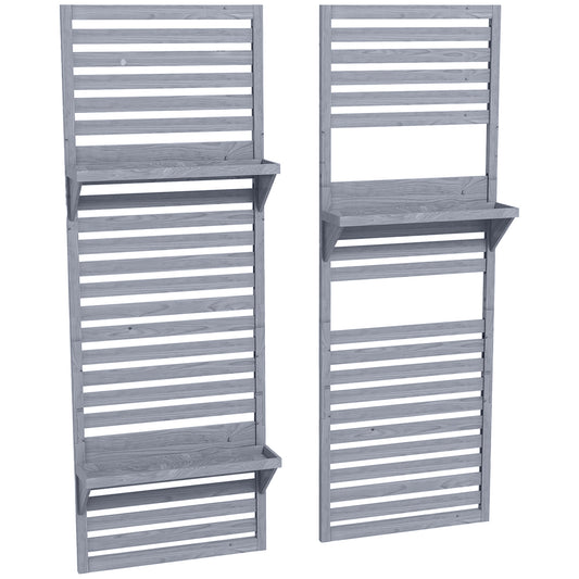 Outsunny Wall Mounted Plant Stands Set of 2, Fir Wood Flower Stand with Shelves and Slatted Trellis for Patio, Balcony, Porch