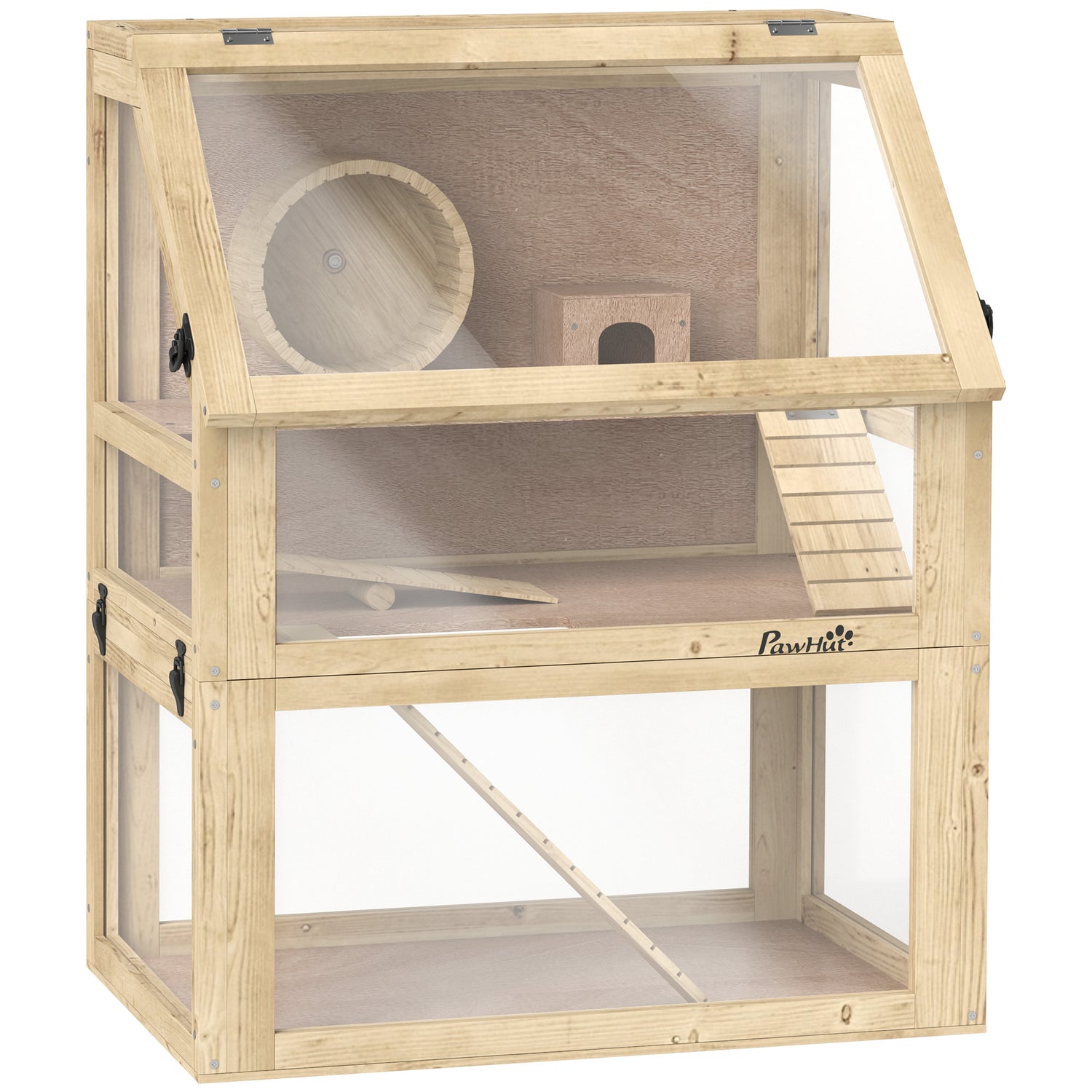 PawHut Wooden Hamster Cage with Detachable 32cm Deep Bottom, Hut, Seesaw, Exercise Wheel, Ramp, 60 x 40 x 75cm, Natural