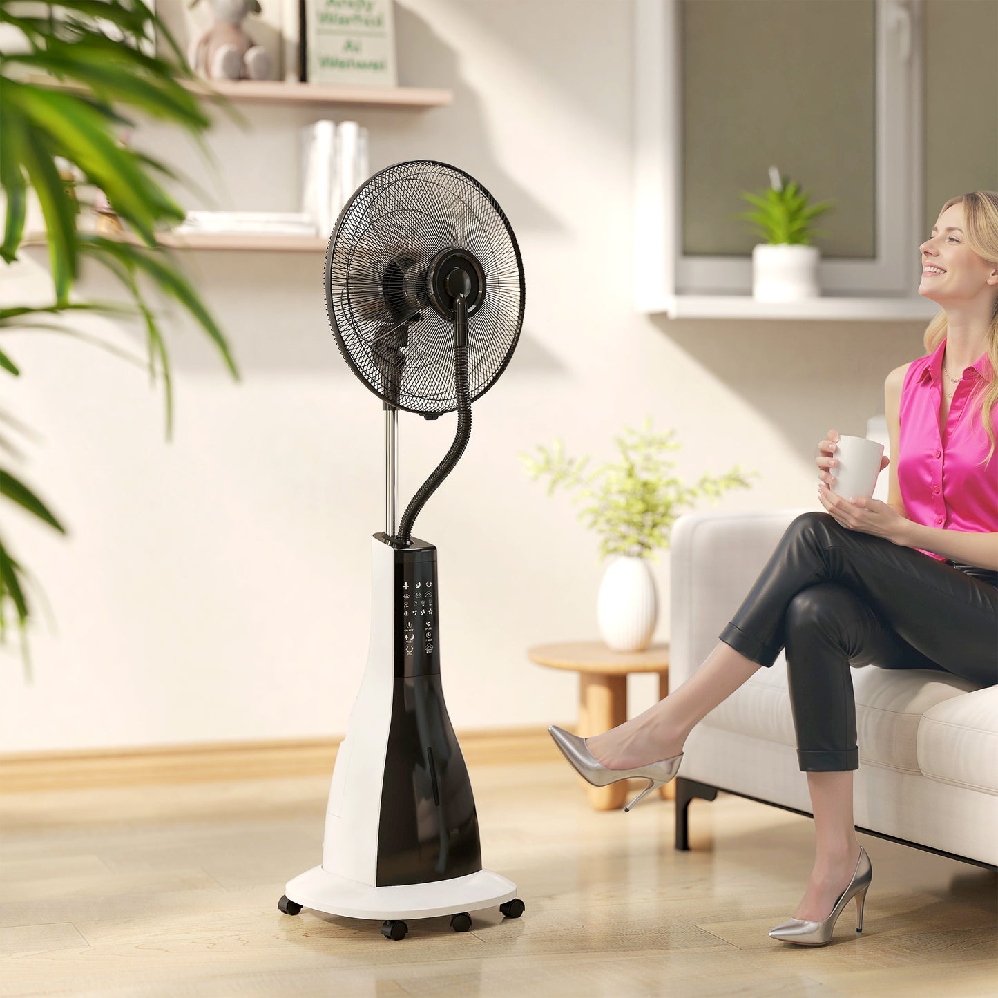 HOMCOM Pedestal Fan with Water Mist Spray, Spray Misting Fan with 75° Oscillation, Remote Control, Tilt Head, 3 Speeds, 3 Modes, 3 Mist, 3L Water Tank, Wheels, for Home, 125 cm