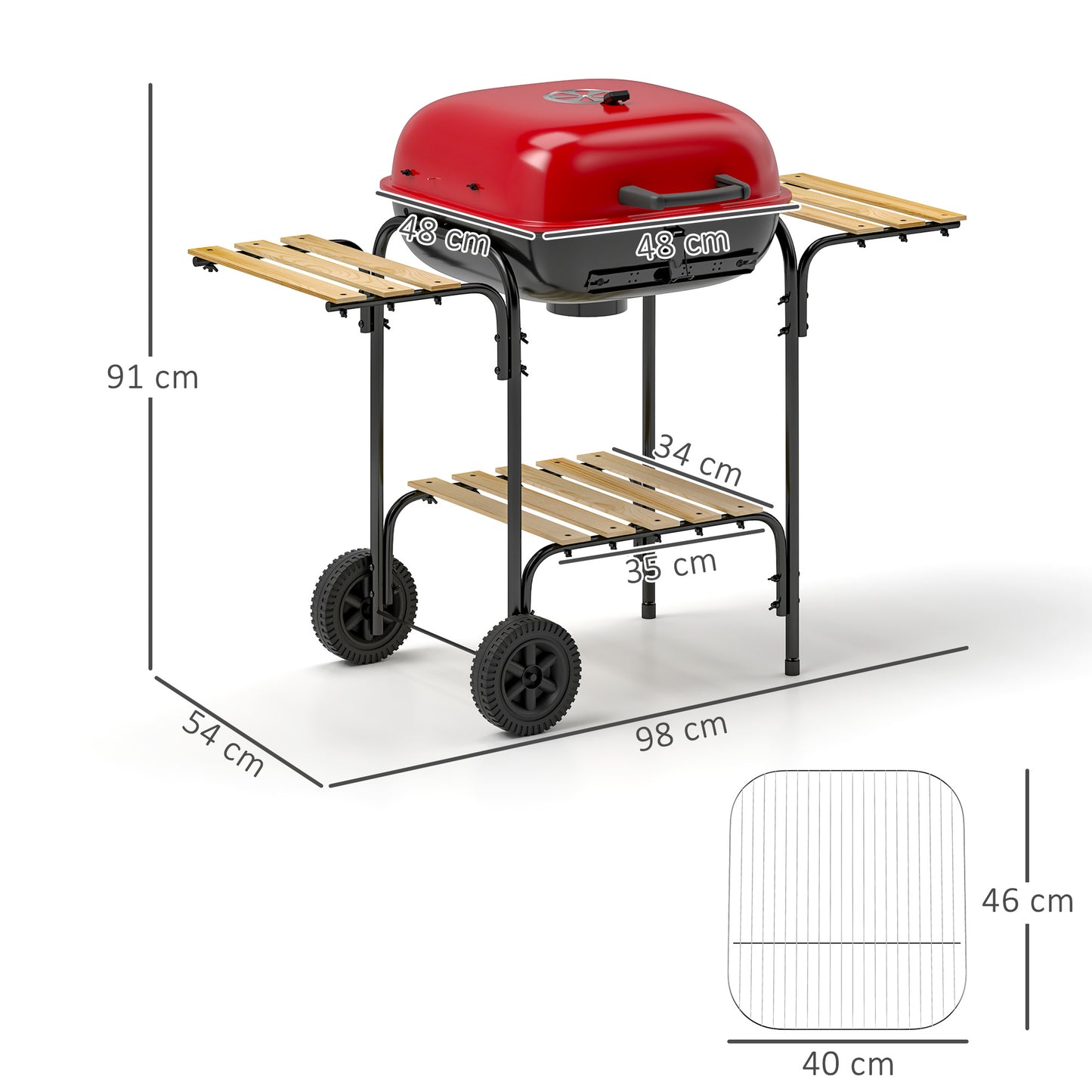 Outsunny Charcoal Barbecue Grill Portable BBQ Grill with 1840 cmÂ² Cooking Area, 3 Shelves, Adjustable Vent, Lockable Lid, Wheels for Outdoor Cooking, Garden Party, Red