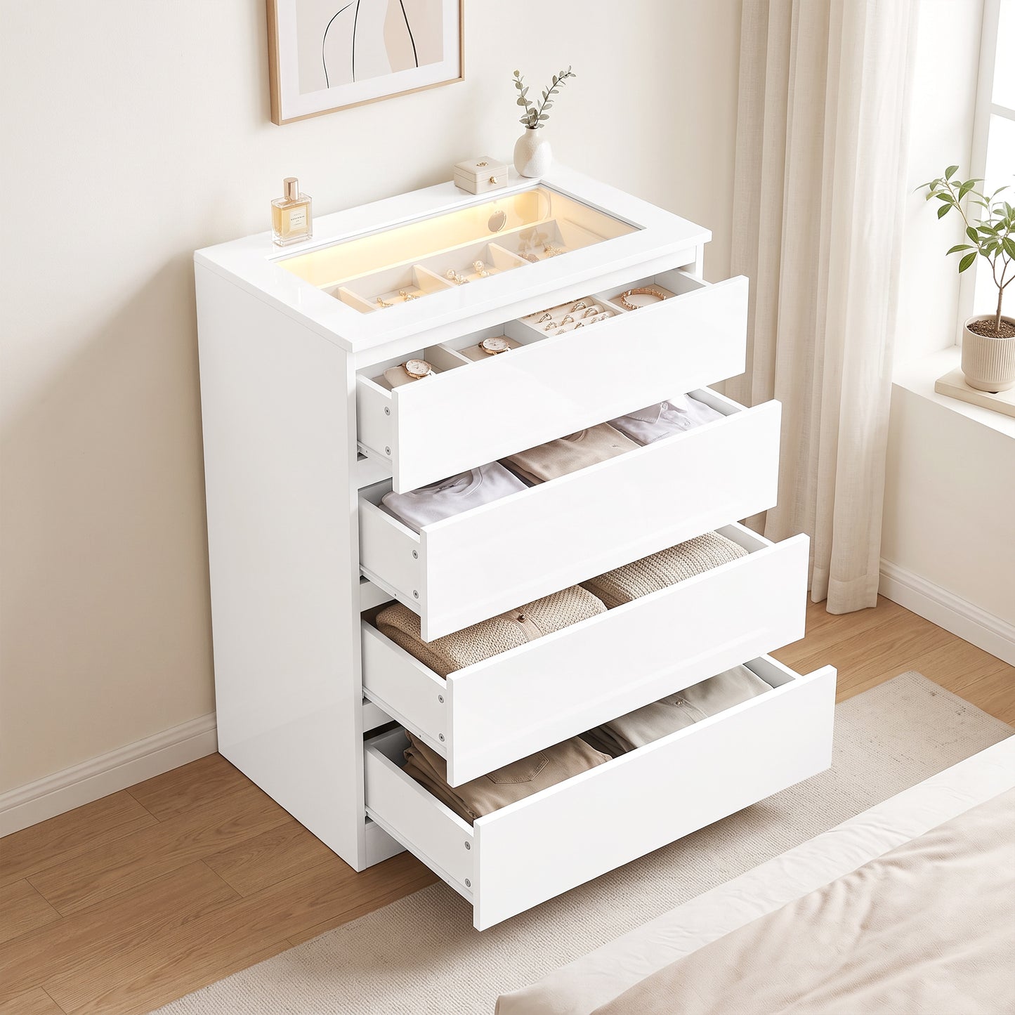 HOMCOM High Gloss 4 Drawer Chest of Drawers with Glass Top and RGB LED Lights, Dresser with Jewelry Organizer, APP Control