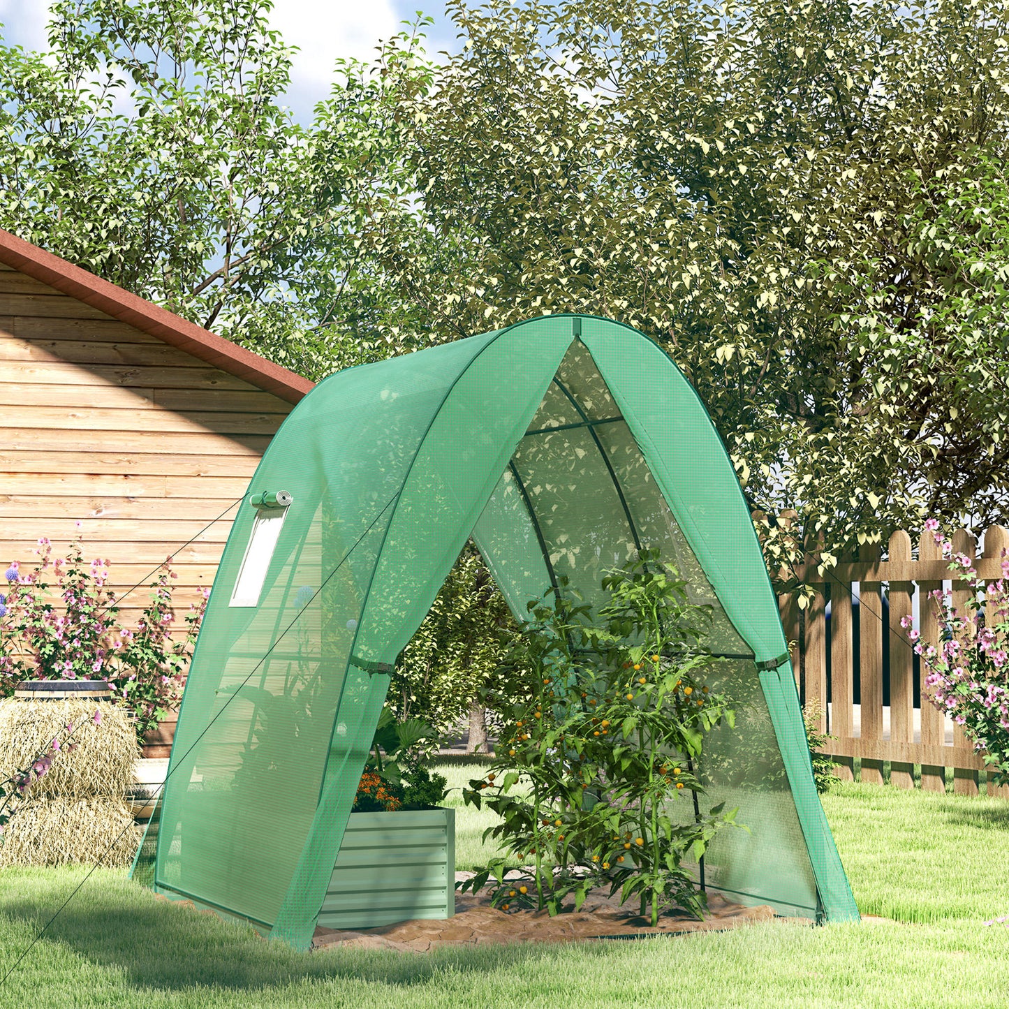 Outsunny Hoop House Greenhouse with Sandbags, Walk-In Tunnel Green House with 2 Doors and Screen Windows, 1.8 x 1.8 x 2m, Green