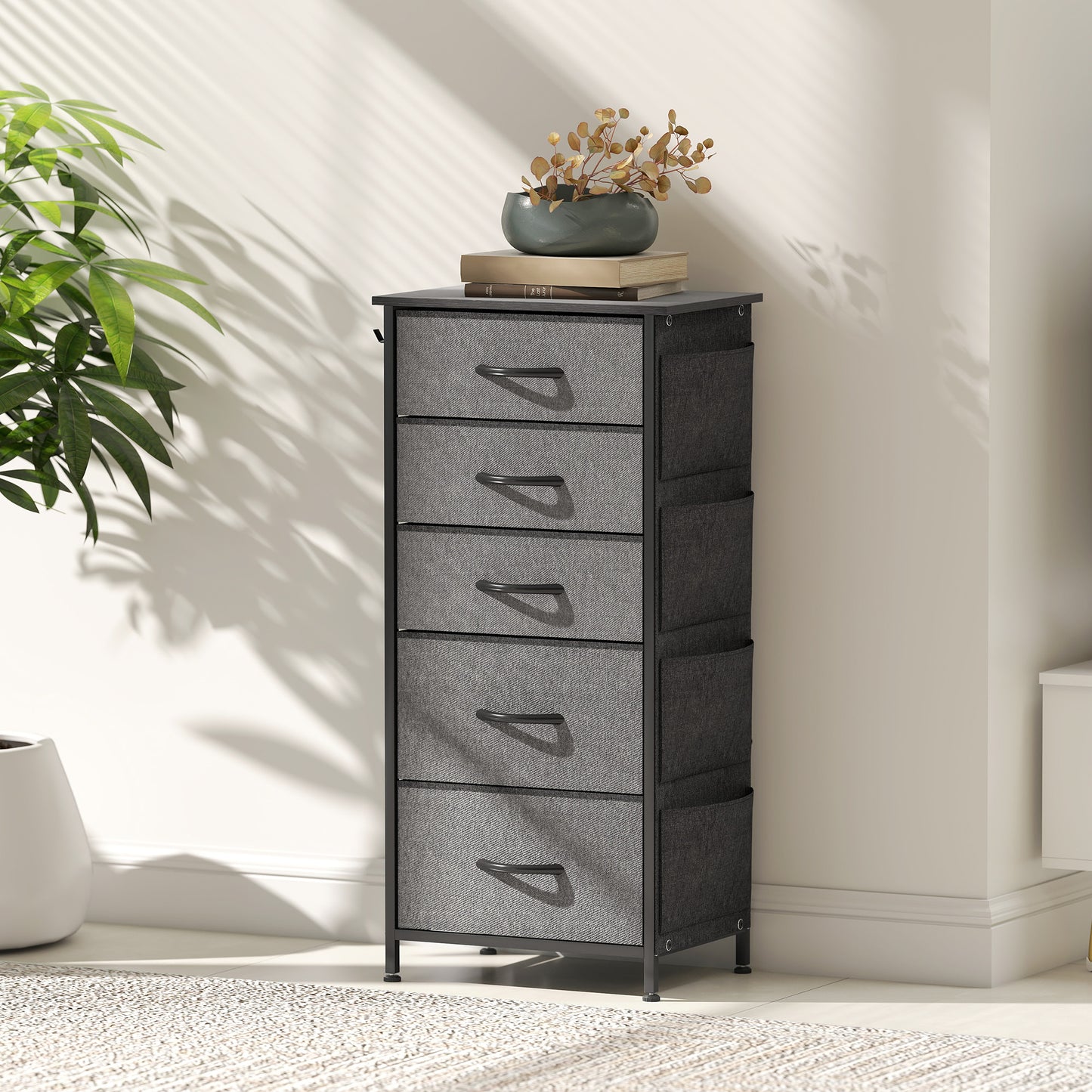 HOMCOM Chest of Five Fabric Drawers - Charcoal Grey
