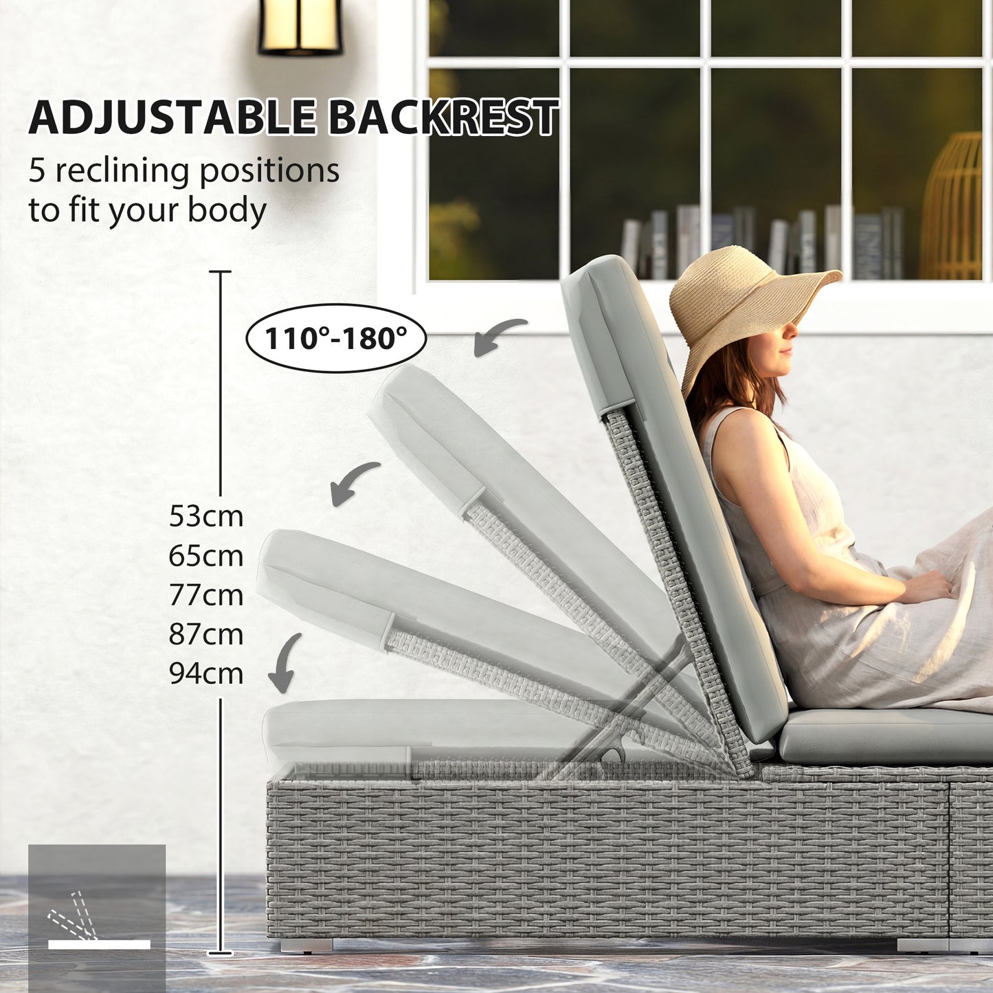 Outsunny Rattan Sun Lounger, Five-Position Reclining Garden Lounger Bed with Cushion, Light Grey