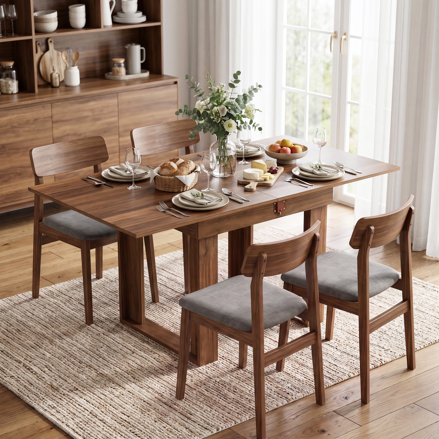 HOMCOM Folding Dining Table Under-Table Storage Extendable Kitchen Table Steel Rail Grey Wood Effect