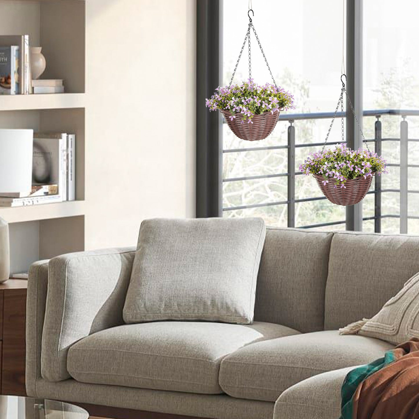 HOMCOM Artificial Flowers in Basket Set of 2, Artificial Hanging Baskets with 75 Leaves and 15 Flowers in Pot, Decorative Plant for Home Office Decor, Purple