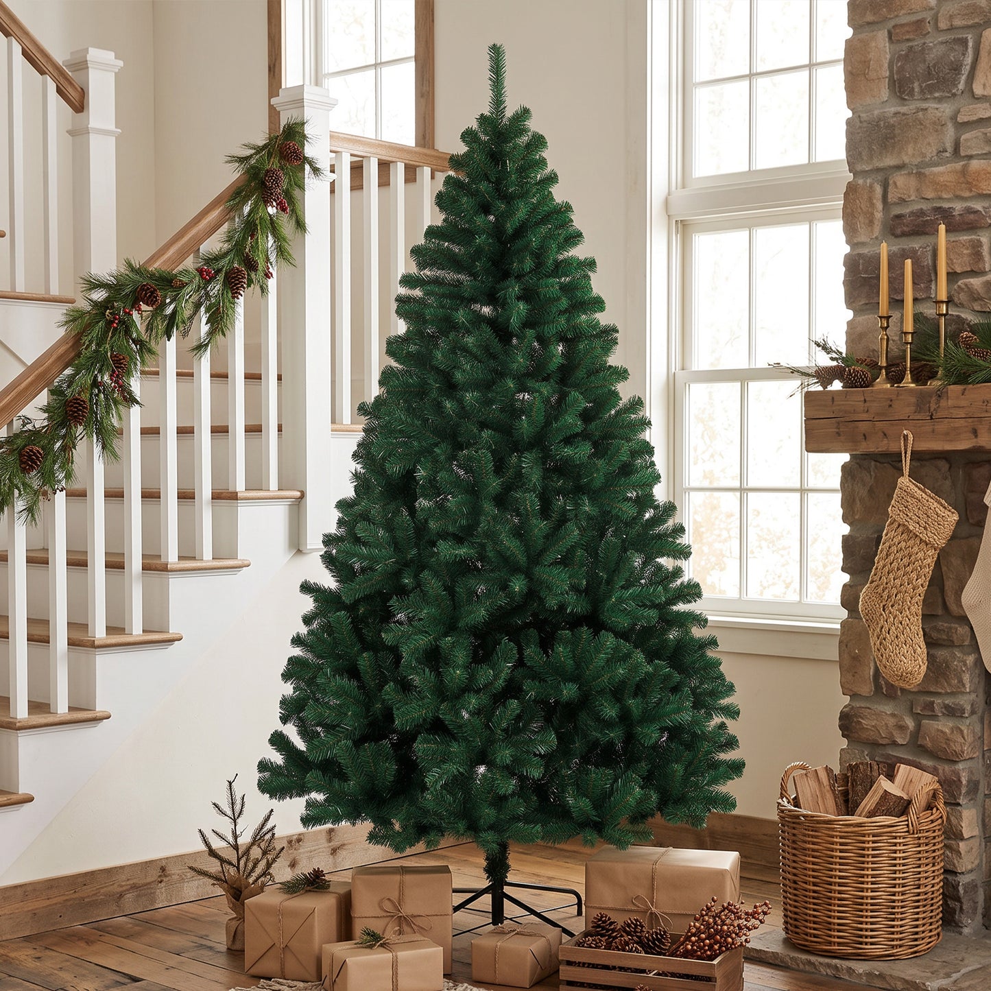 HOMCOM 7ft Artificial Christmas Tree, Fir Hinged Xmas Tree with 1100 Branch Tips, Foldable Steel Stand, Green