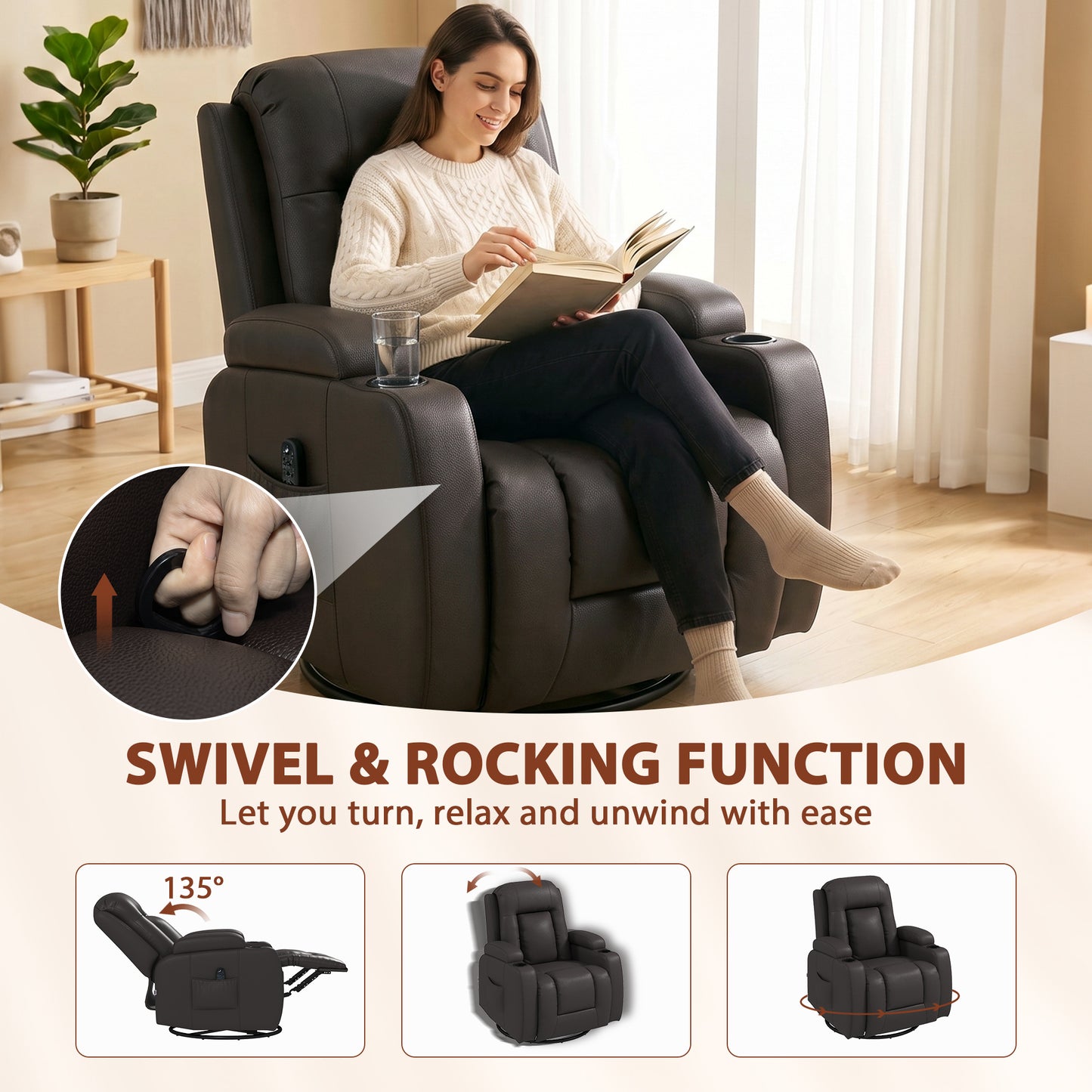 HOMCOM PU Leather Recliner Chair, Recliner Armchair with Extended Footrest, Cup Holders and Side Pockets, Dark Brown