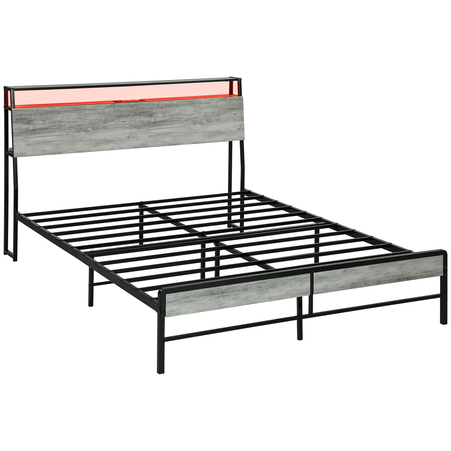 HOMCOM Double Steel Bed Frame, with LED Lights and Shelf - Grey