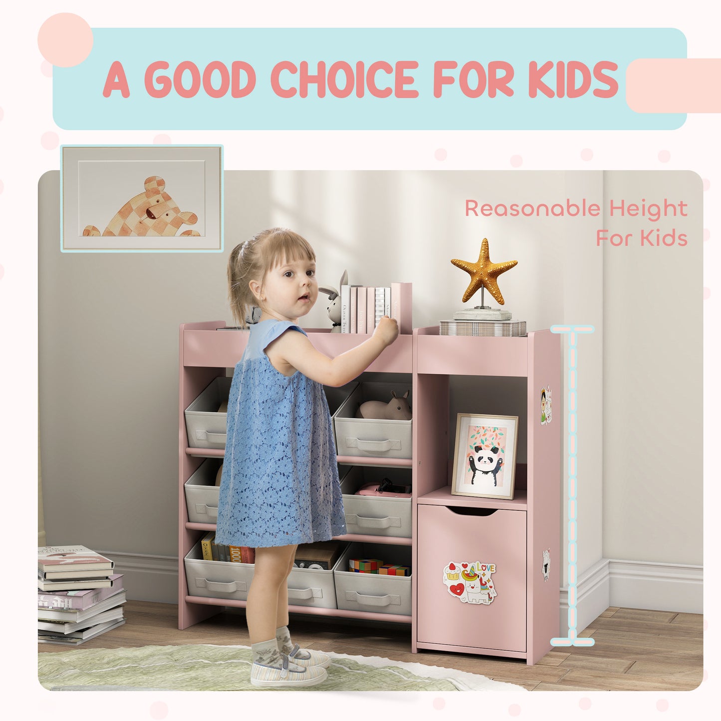 AIYAPLAY Kids Toy Storage, 9 Removable Fabric Bins, Wooden Toy Storage Units for Toys and Books for Bedroom, Nursery, Pink
