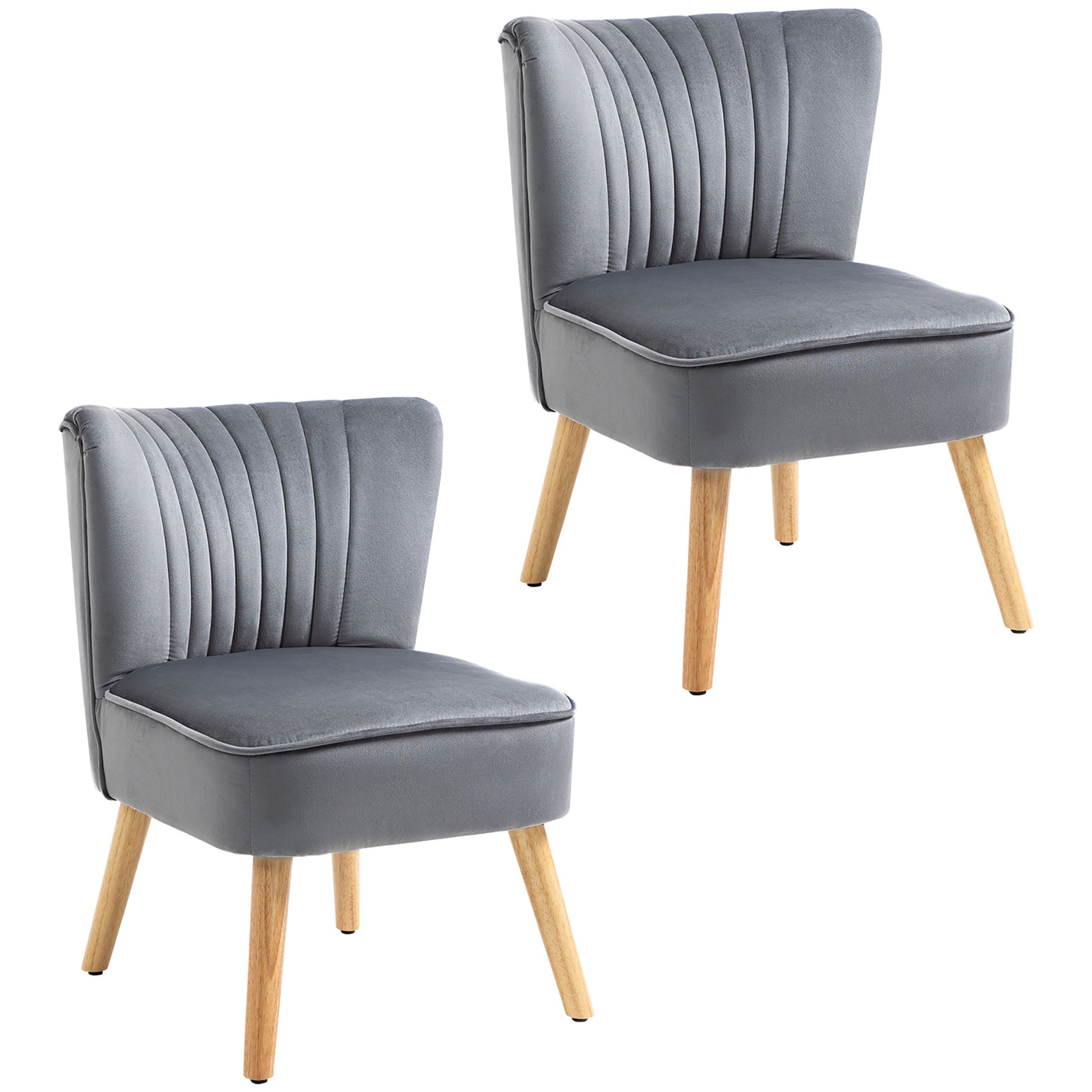 HOMCOM Velvet Accent Chair Occasional Tub Seat Padding Curved Back with Wood Frame Legs Home Furniture for Bedroom Living Room Set of 2 Grey