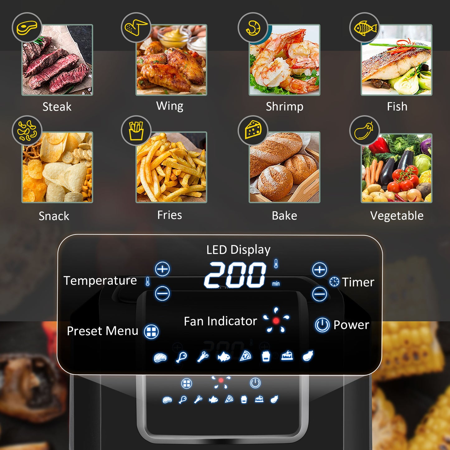 HOMCOM 6.5L Single Basket Air Fryer, 80-200Â°C Temperature, Black and Grey