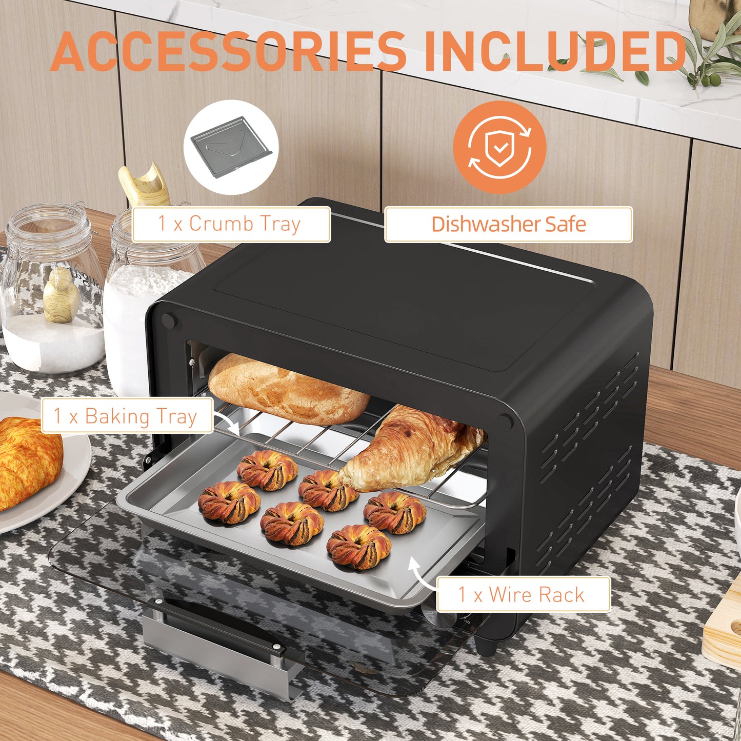 HOMCOM Small Toaster Oven, 12L Multifunction Mini Countertop Oven with Glass Door, Adjustable Temperature and Timer, Black