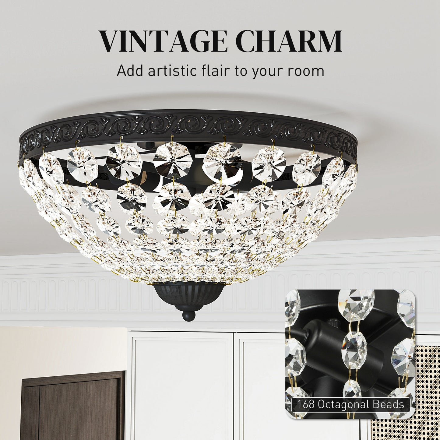 HOMCOM Crystal Chandelier Ceiling Light with 168 Octagonal Beads, Vintage 2-Light Flush Mount Ceiling Light for Living Room, Bedroom, Hallway, Dining Room, Black