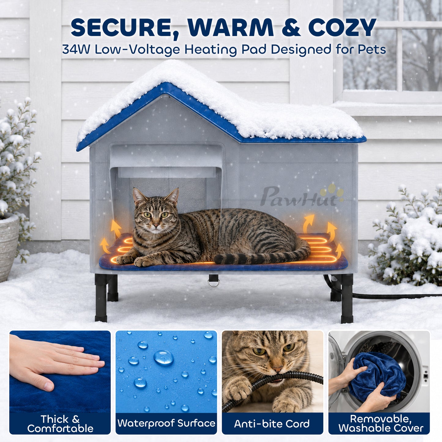 PawHut Heated Cat House Weatherproof w/ Heating Pad, Elevated Base, Escape Door, Cat Winter Shelter for Stray, Barn Cats