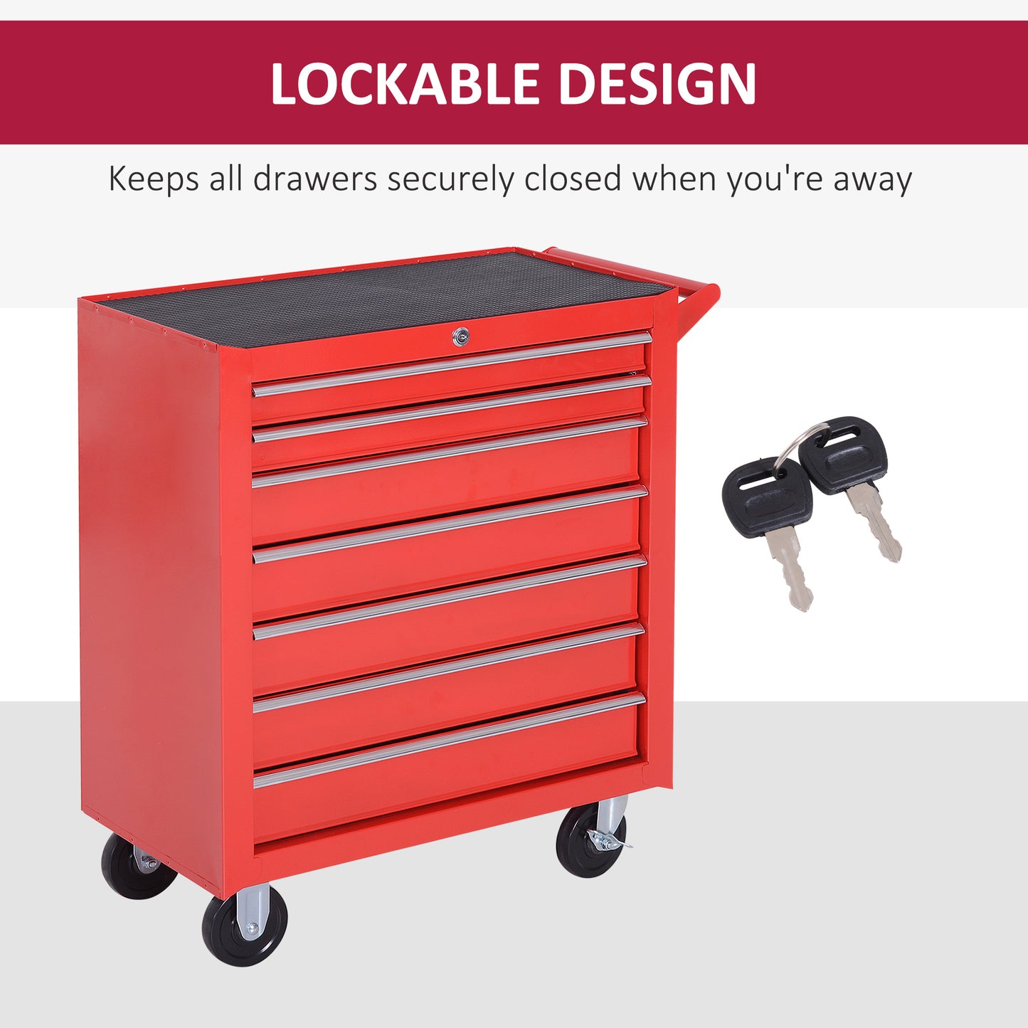 DURHAND Tool Box Chest on Wheels, 7-Drawer, Lockable Metal Tool Cabinet for Garage, Workshop, Red