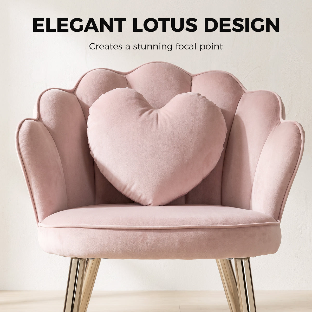 HOMCOM Accent Chair Velvet Upholstered Armchair Lotus Back Heart Pillow Lumbar Pillow Metal Legs Soft Pink